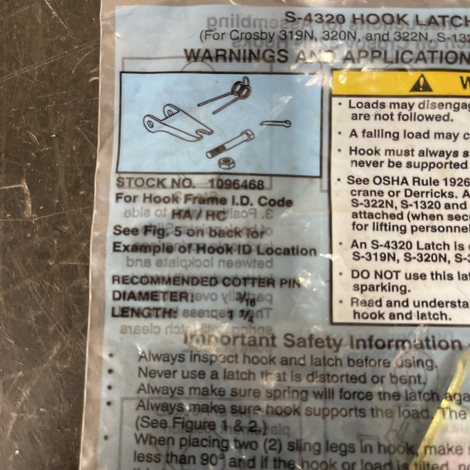 CROSBY 1096468 Latch Kit , Steel, 1-29/32 in., 5/8 in. S-4320