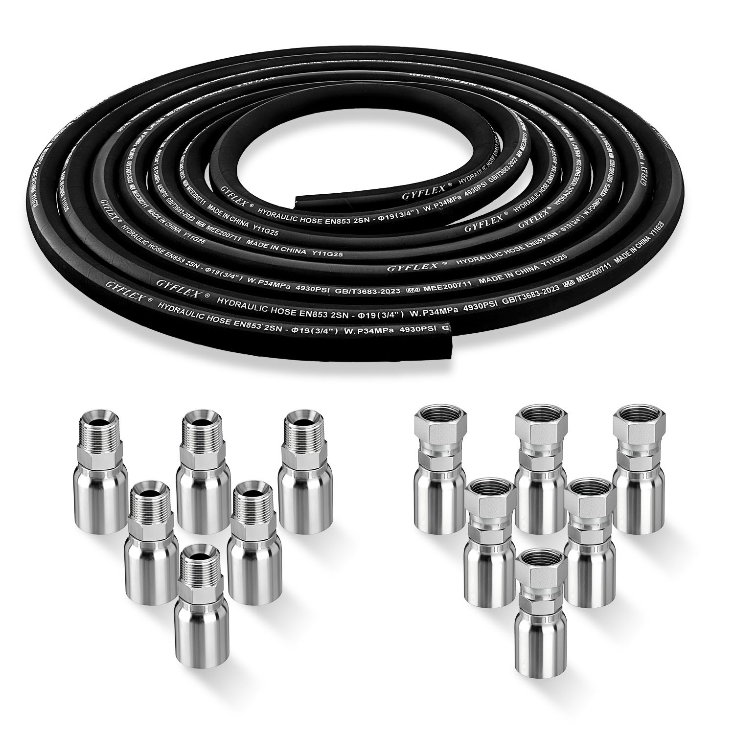 50FT 3/4″ Hydraulic Hose with 12PCS Hydraulic Hose Fittings W.P.34MPa / 4930PSI