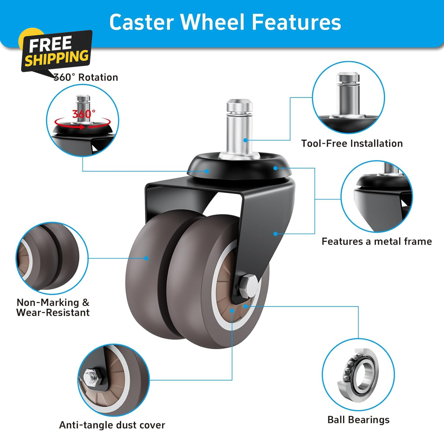 2 Inch Low Profile Office Chair Casters 650 Lbs, Dual-Wheel TPR Rubber Wheels