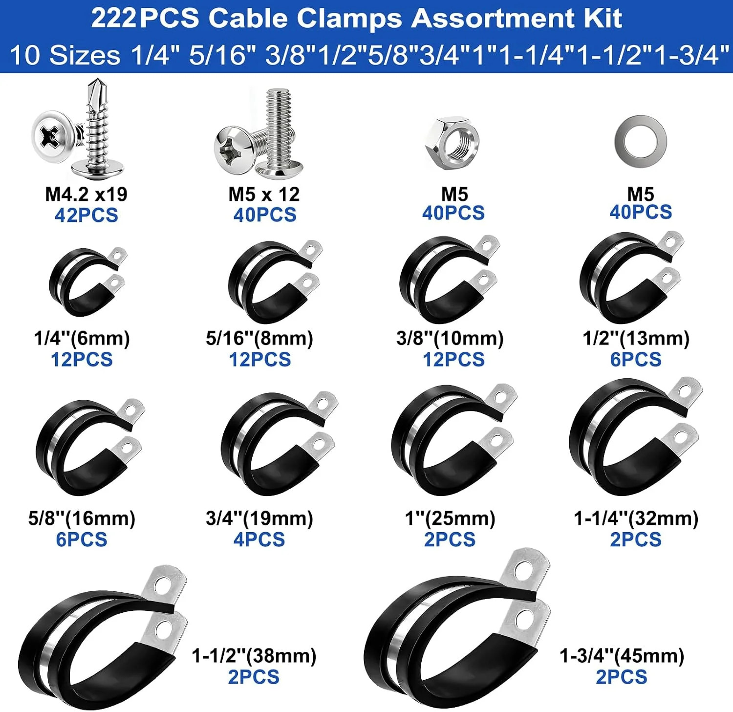 Taiss 222PCS Cable Clamps Assortment Kit 304 Stainless Steel Rubber Cushion Pipe