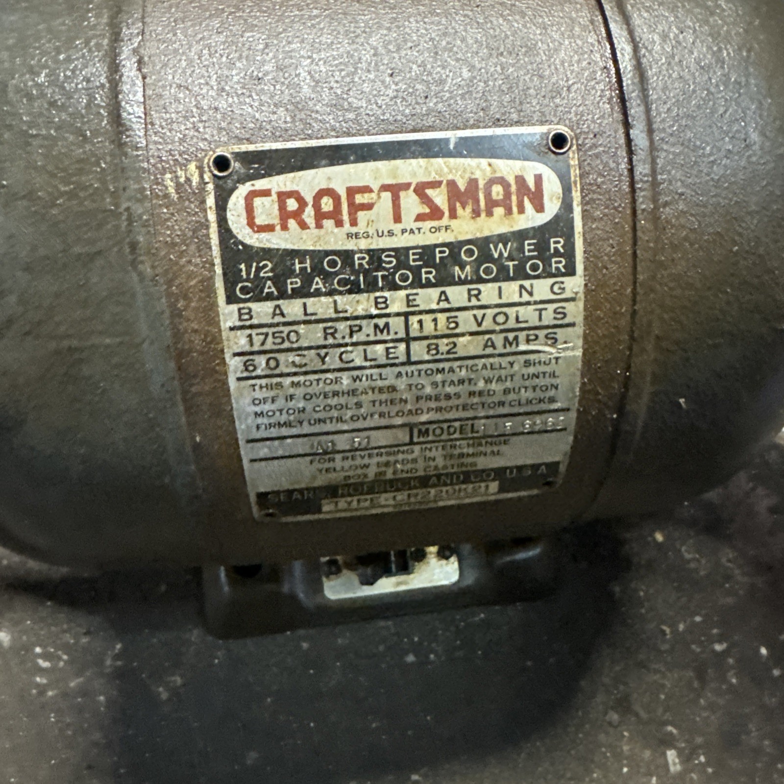 CRAFTSMAN 1/2 Hp Electric Motor 1750 RPM 115V 8.2 AMP Model 115.6962 Read Ad