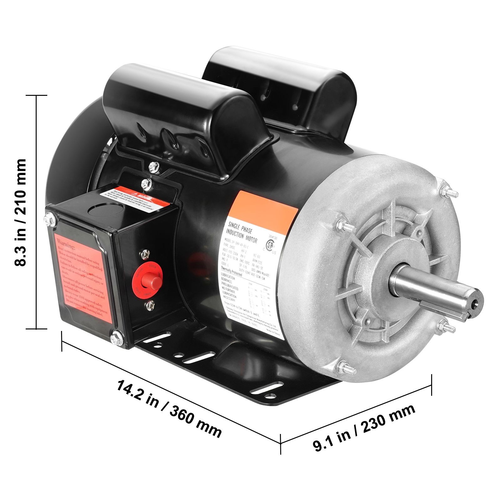 2HP Electric Motor 1725 rpm, AC 115V/ 230V, 143/ 5T Frame, Air Compressor Motor
