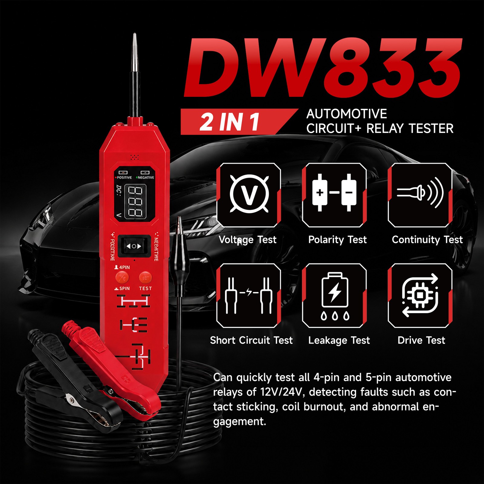 Upgraded DW833 Circuit Relay Tester 3-36V 4/5 Pin with LED Work Light