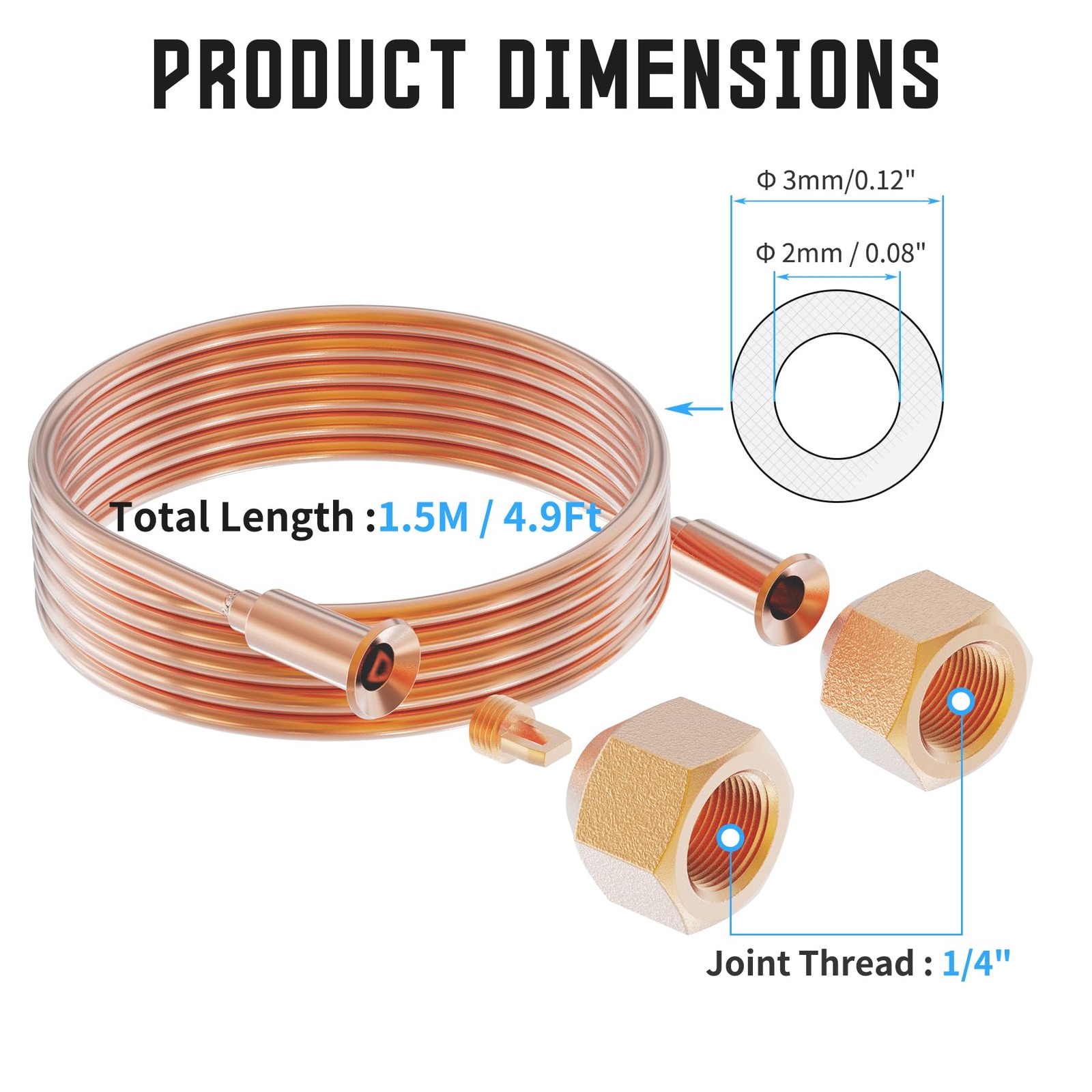 FOCMKEAS 4.9 Ft Pure Copper Tubing 3mm OD x 2mm ID, 1.5M O.D.,