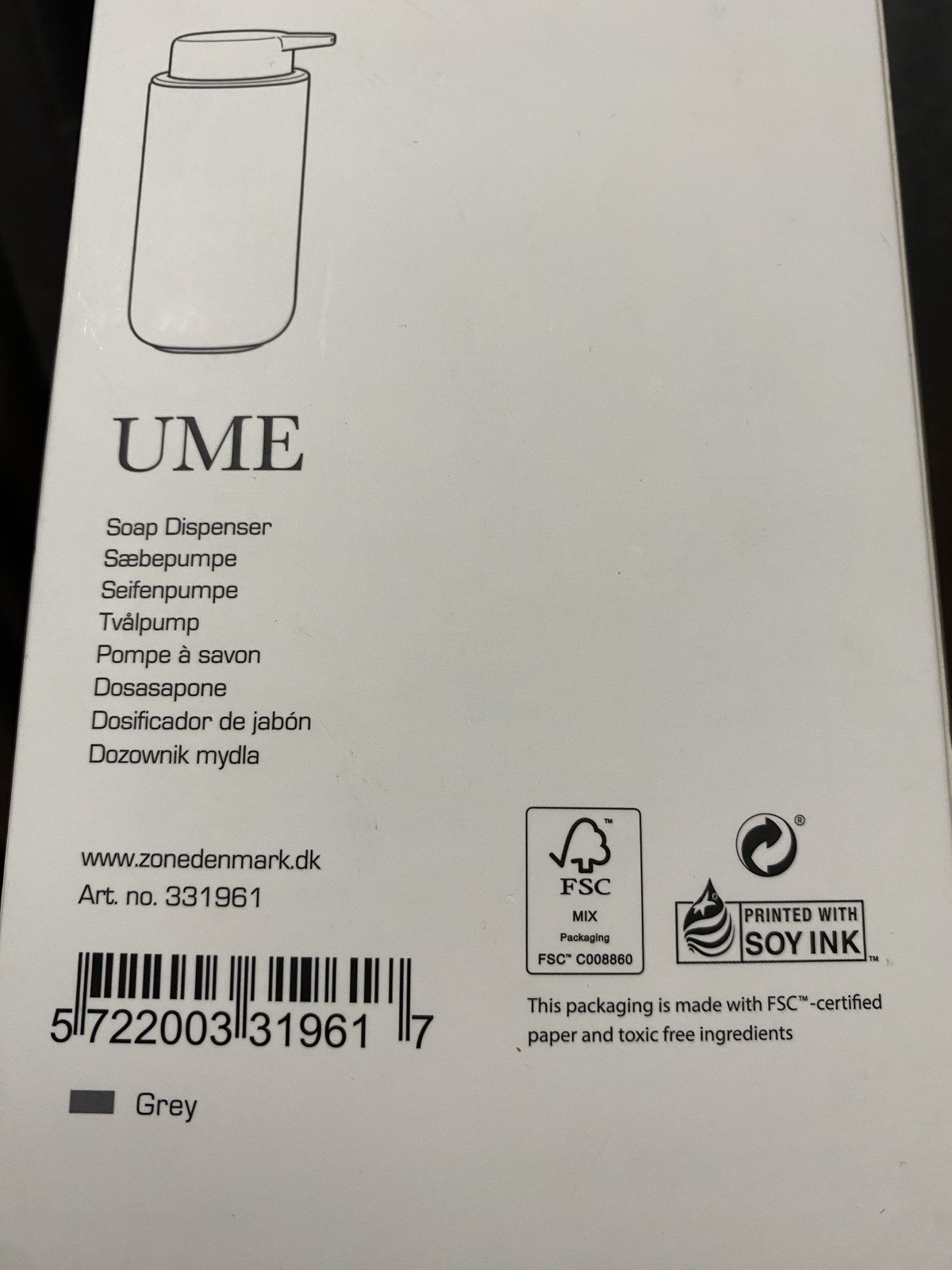 ZONE Denmark UME Soap Dispenser Grey Soft in Box NEW