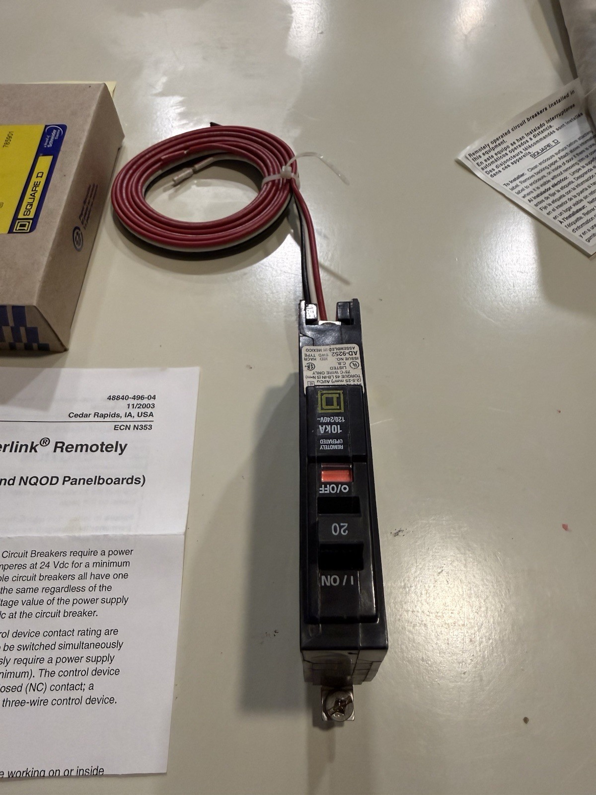 Square D QOB120PL5393 20A 1-Pole 120/240V Bolt-On Remote Circuit Breaker