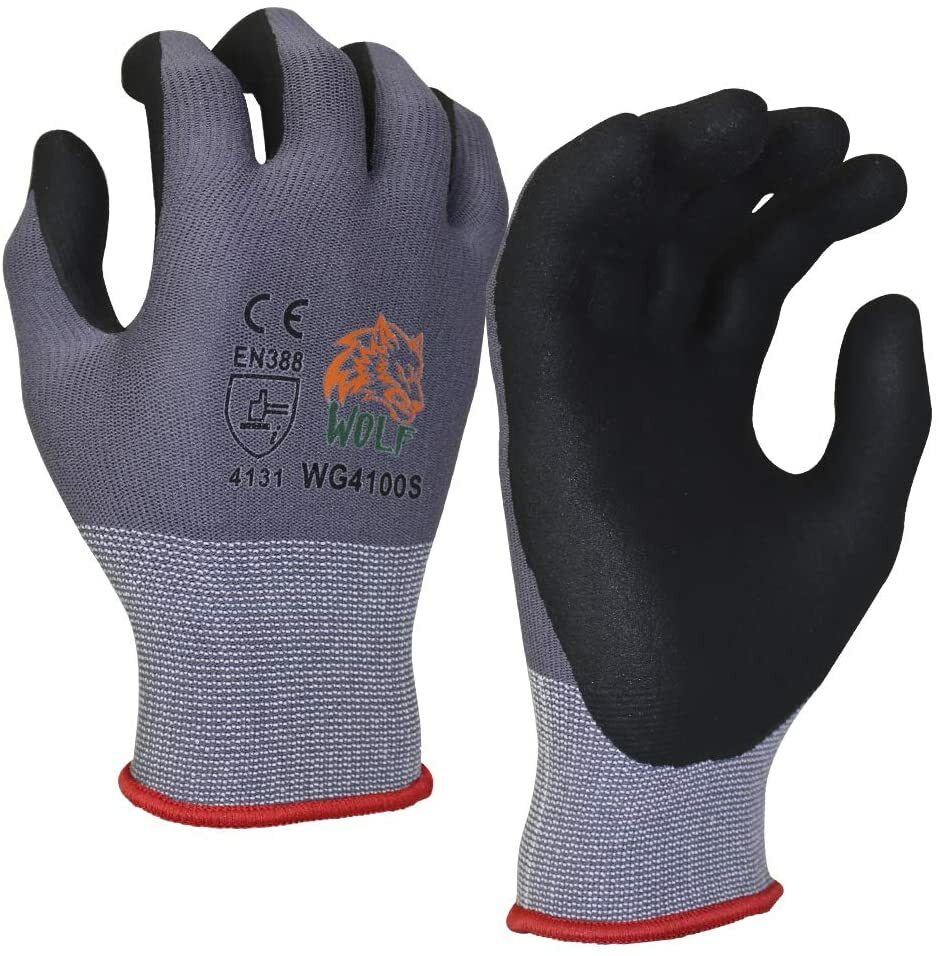 WOLF Work Glove Ultra-Thin Nitrile Foam Grip Palm Coated Nylon Shell Gloves 12Pr