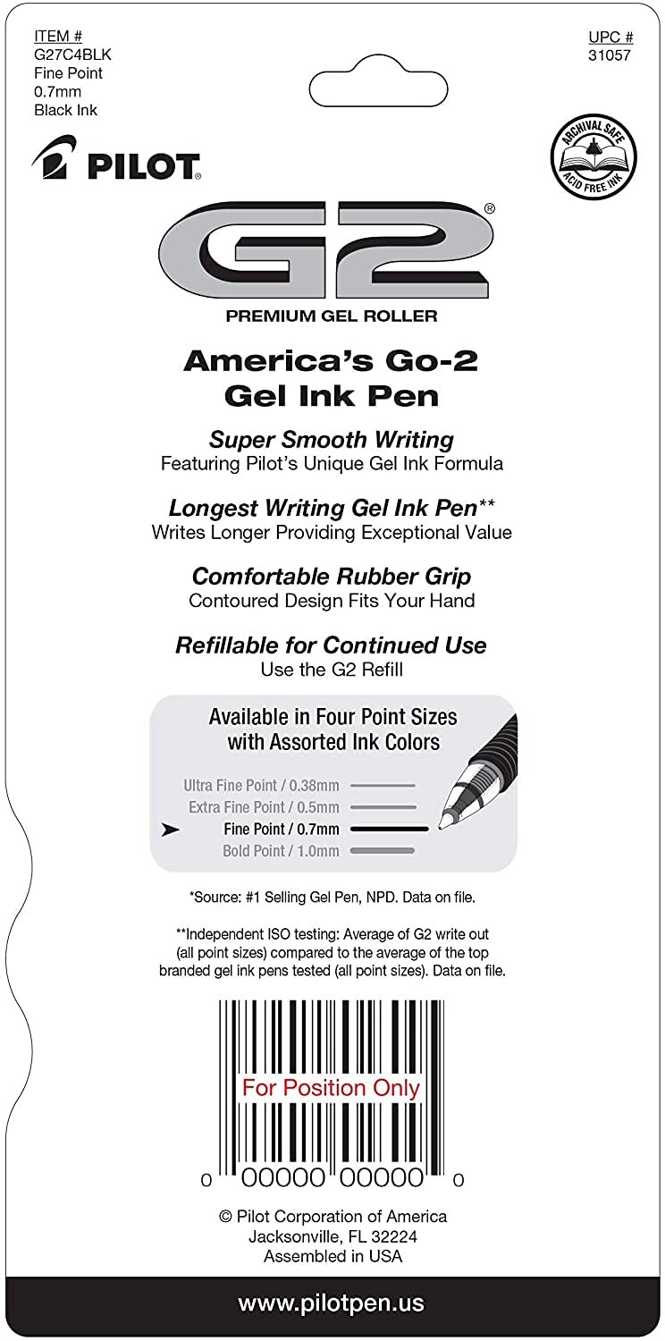 Pilot G2Premium Gel Pens Black Ink Fine Point 0.7mm Retractable Refillable4-Pack