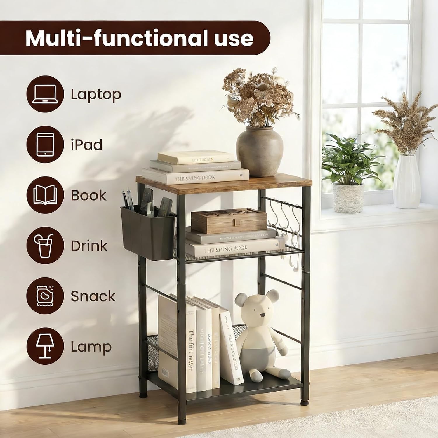 Adjustable 3-Tier Under Desk Printer Stand with Hooks & Basket