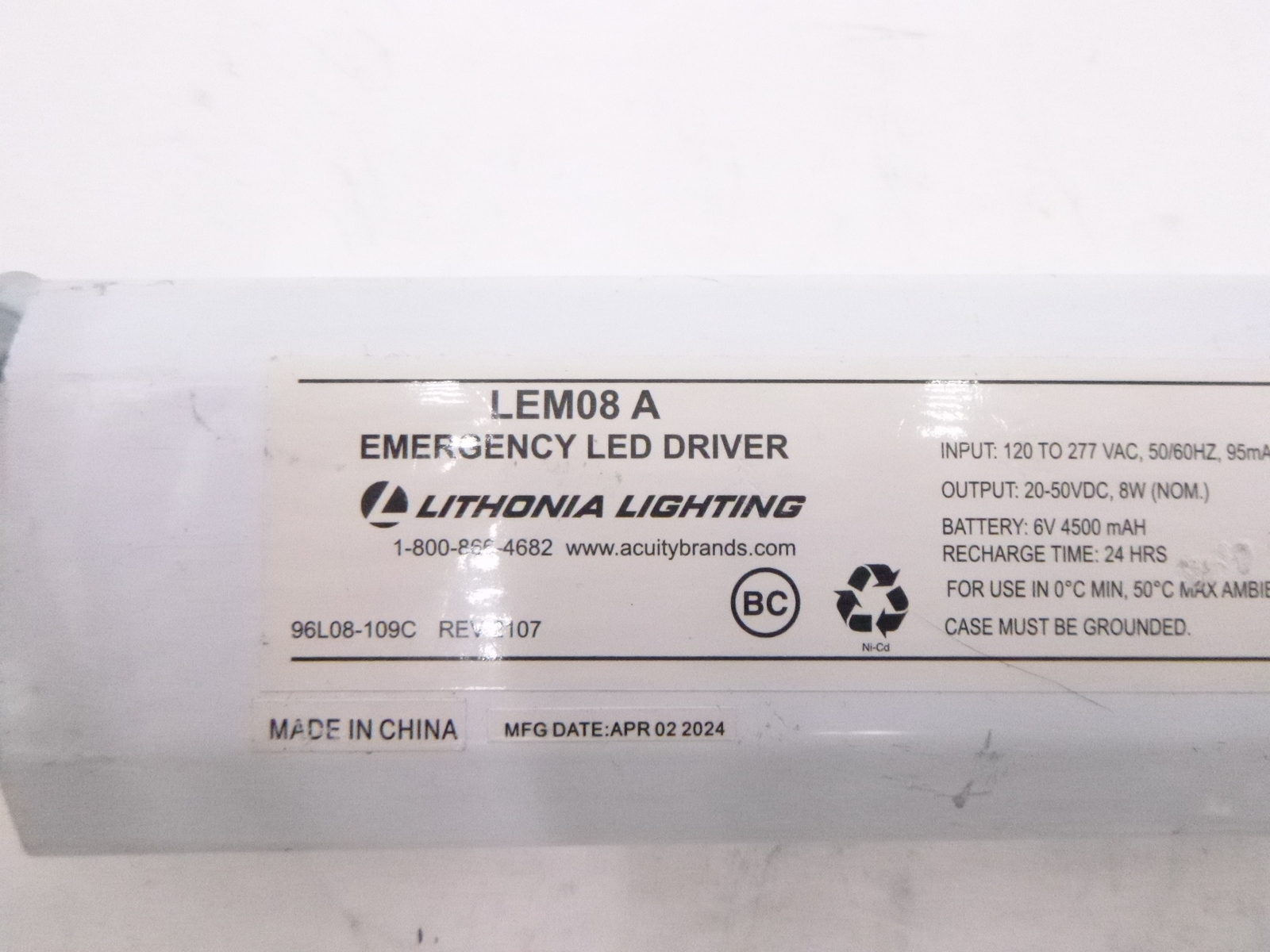 Lithonia Lighting LEM08A Emergency LED Driver 6V 4500 mAH 50/60HZ 120-277 VAC