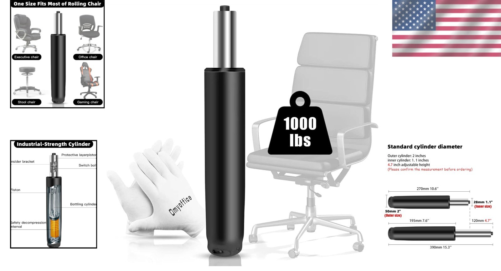 Universal Fit 4.7″ Hydraulic Gas Lift Cylinder for Office Chairs – 1000 lbs