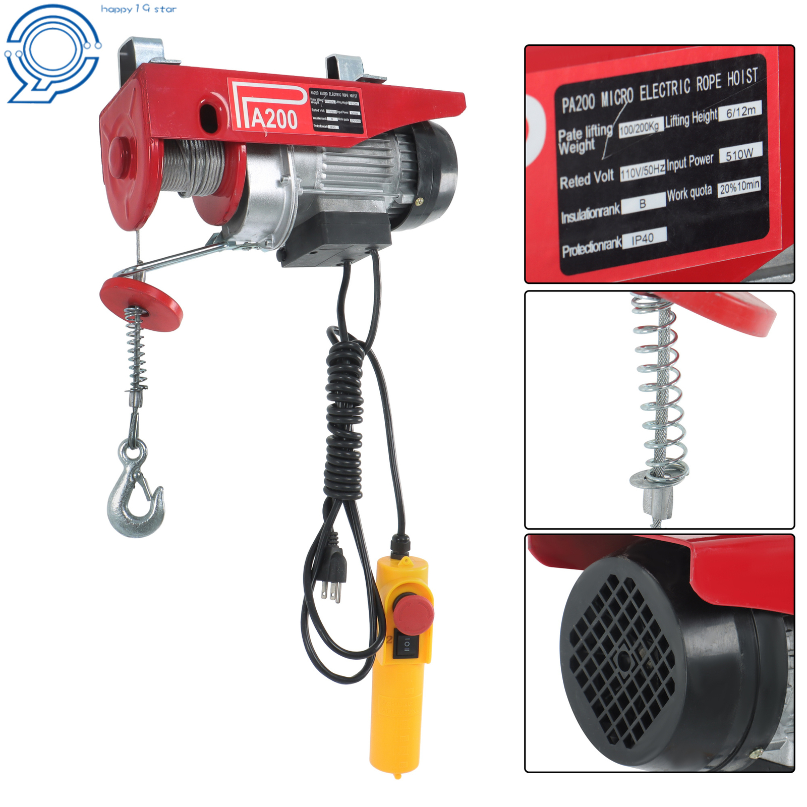 Electric Hoist, 110V 440 Lbs Winch with 6.6ft Remote Control Height 20-40ft