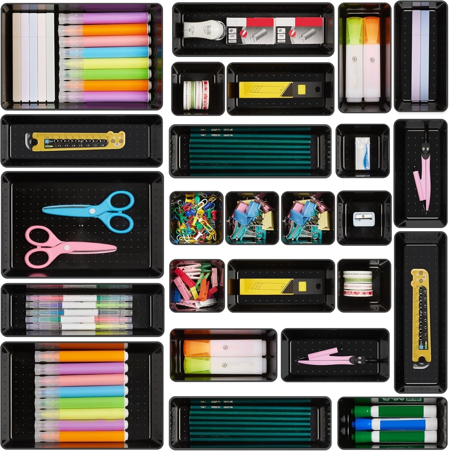 Vtopmart 25 PCS Office Desk Drawer Organizers Set, 4-Sizes Black