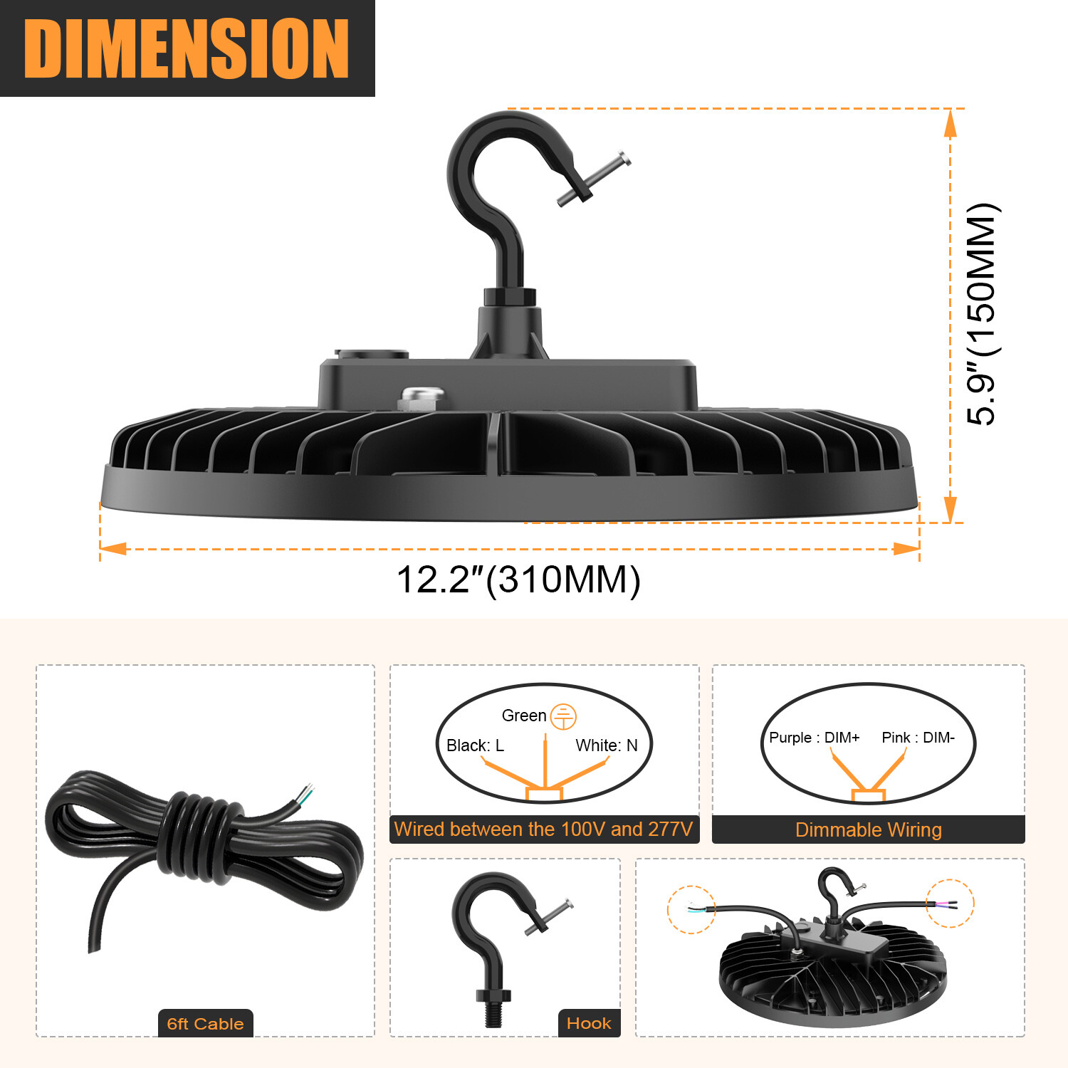 LED High Bay Light 21000lm (Eqv.600W MH/HPS) 5000K Warehouse UFO Light 150 Watt