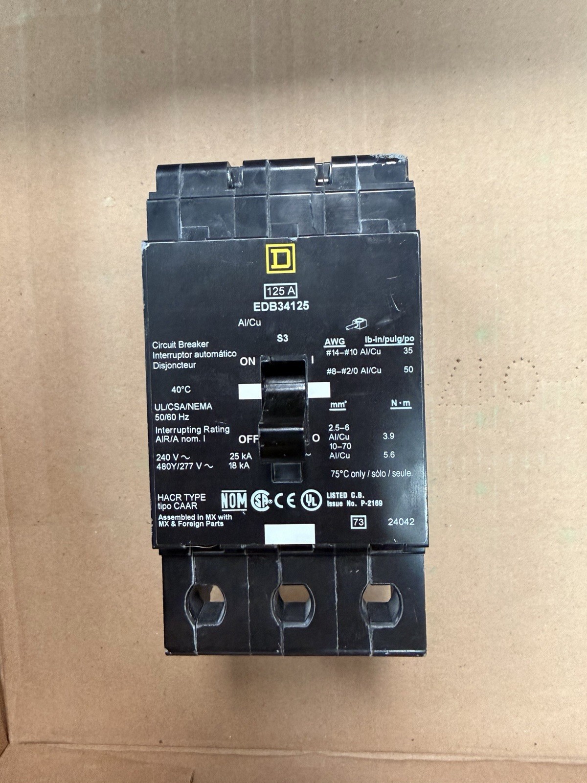 Square D EDB34125 125A 3 pole 480Y/277VAC 25kA bolt on Circuit Breaker