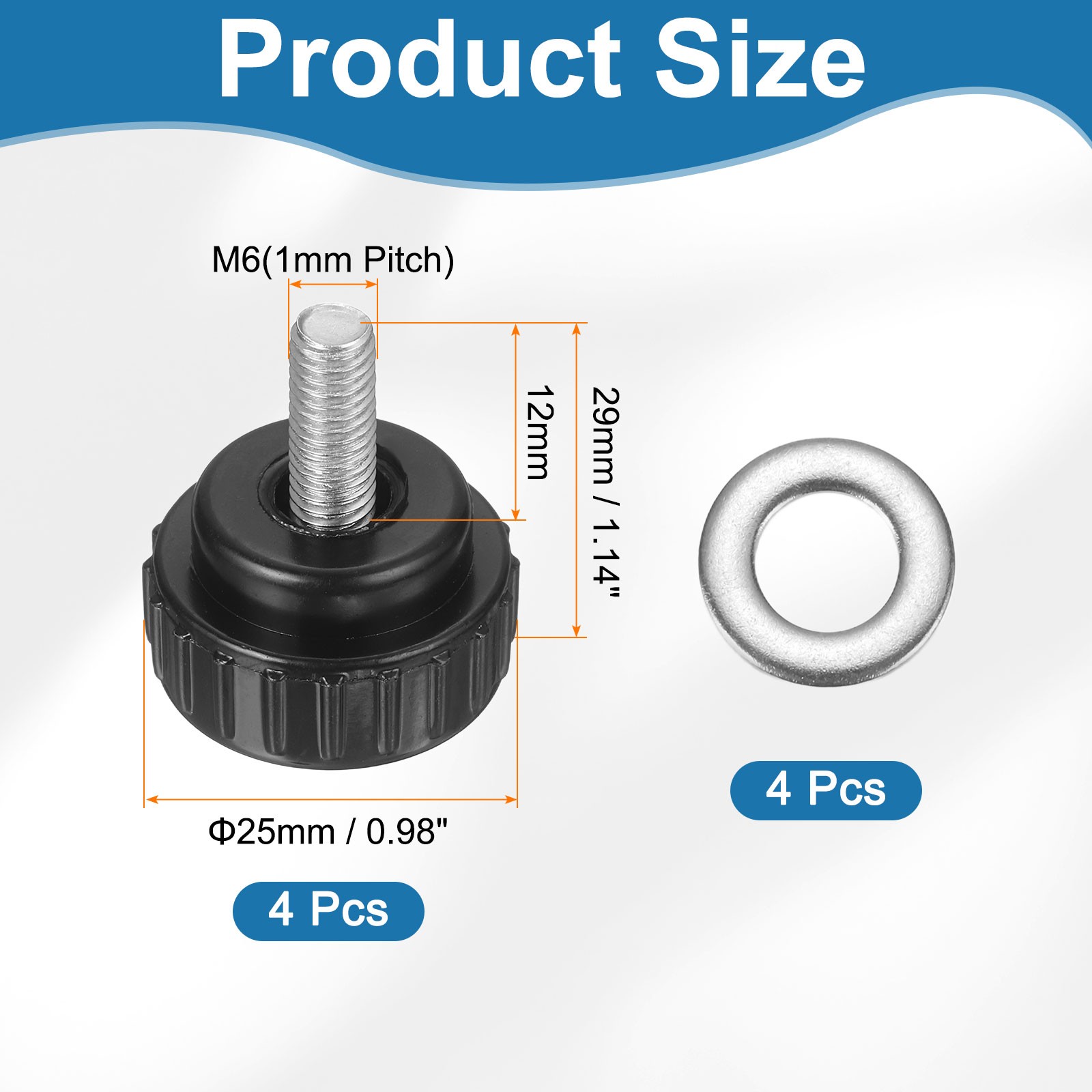 4Pcs Knurled Clamping Knobs, M6 x 12mm 25mm Width Handle Bolts Grip with Washers