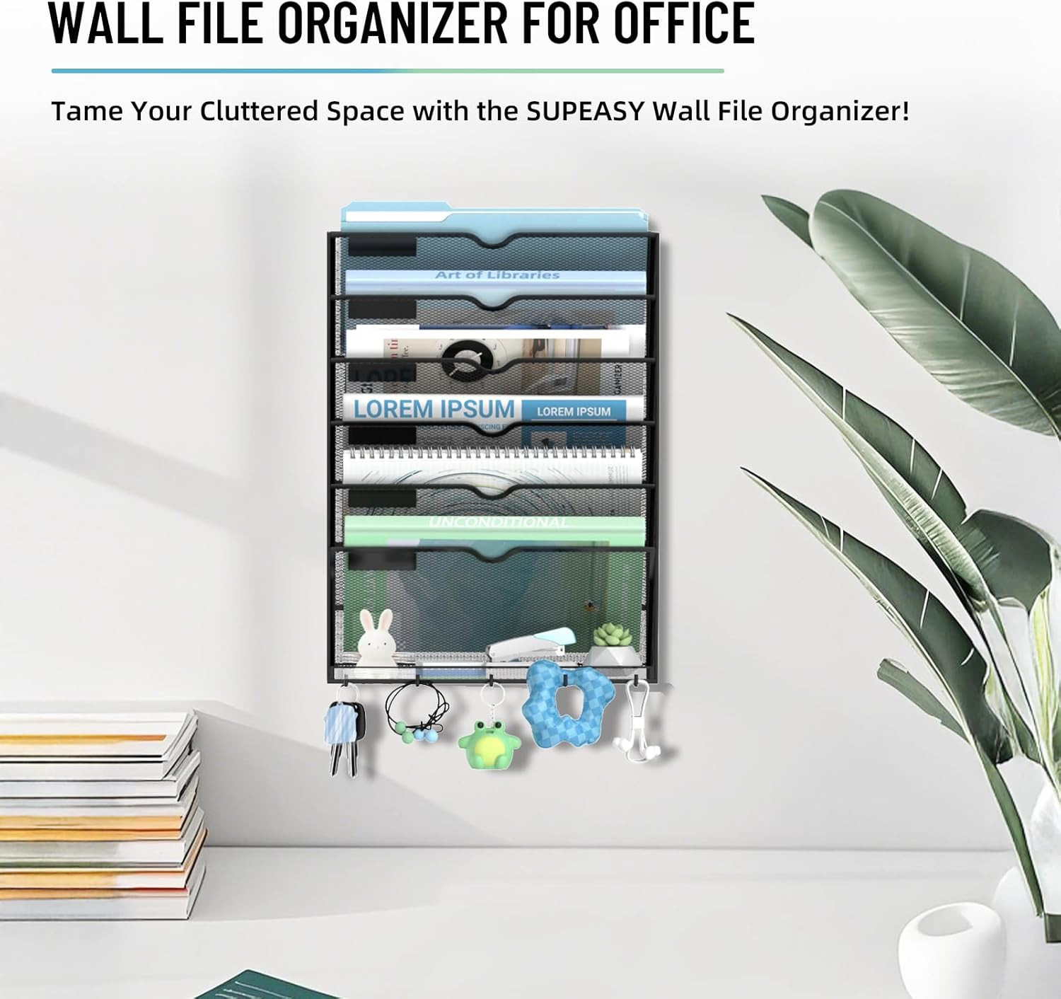 Wall File Organizer, 7 Tier Hanging File Organizer with 5 Hooks, Wall Mounted Ma