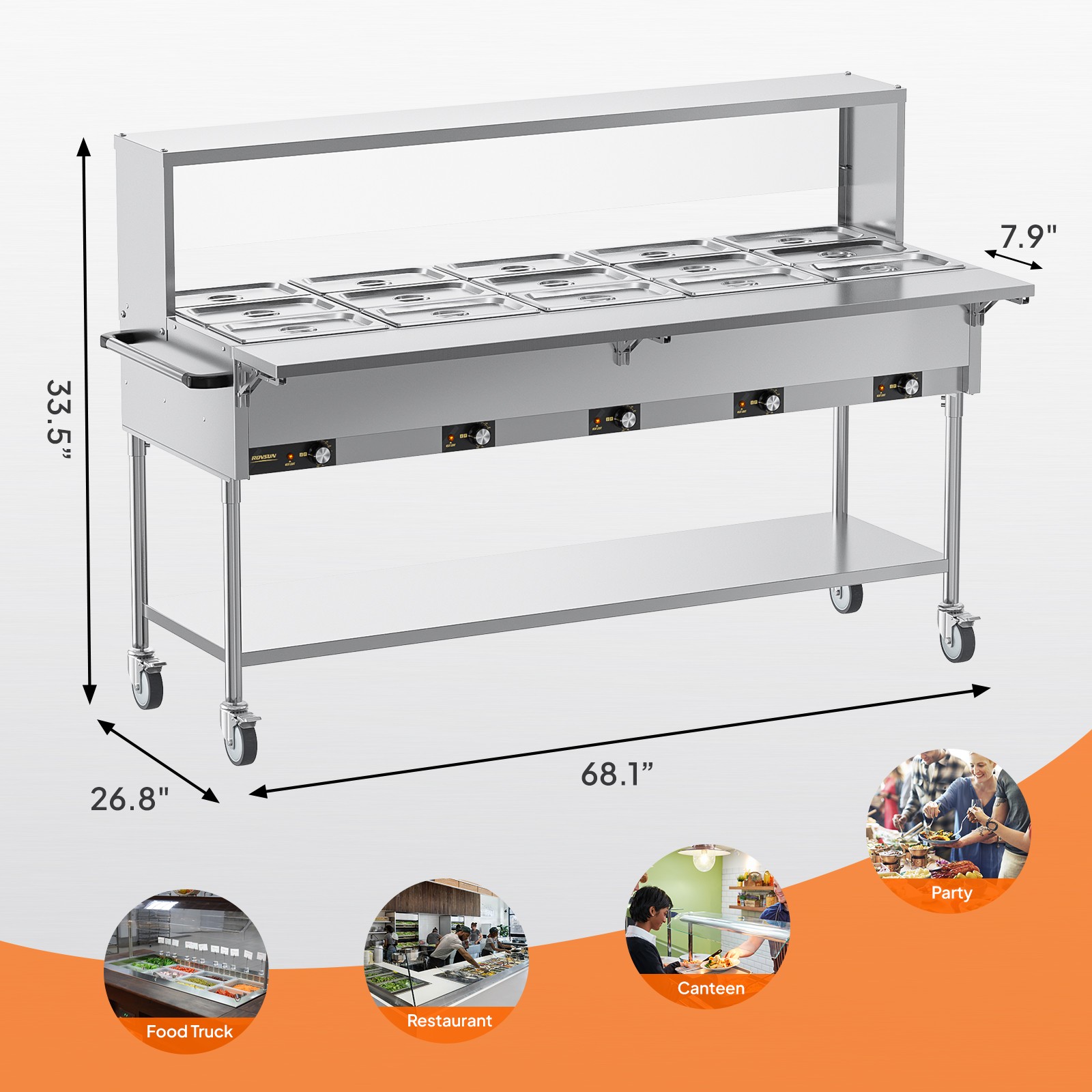 ROVSUN 120QT Electric Commercial Food Warmer 2500W, 15-Pan Steam Table 8QT/Pan