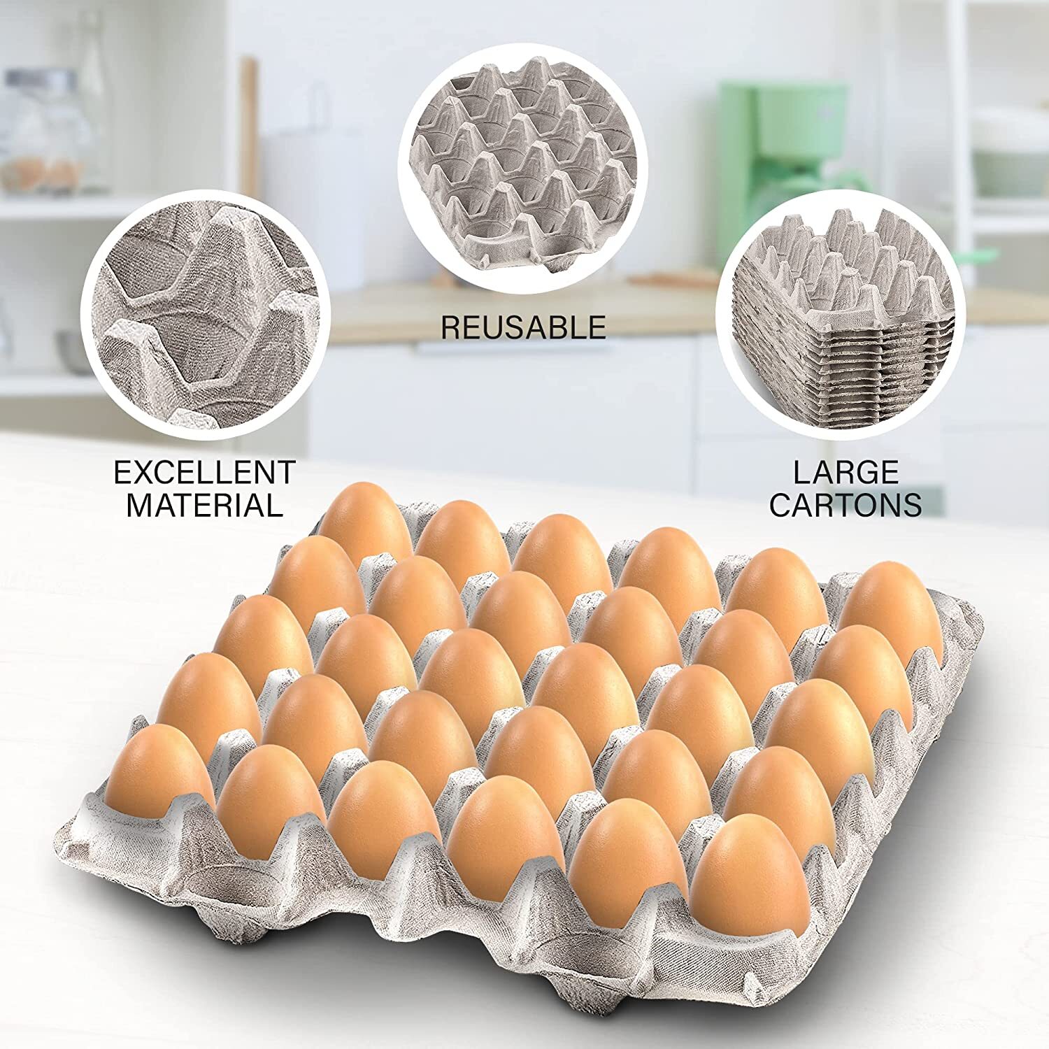 MT Products Pulp Flat Egg Cartons | Stores 30 Large to Small Eggs – Pack of 15