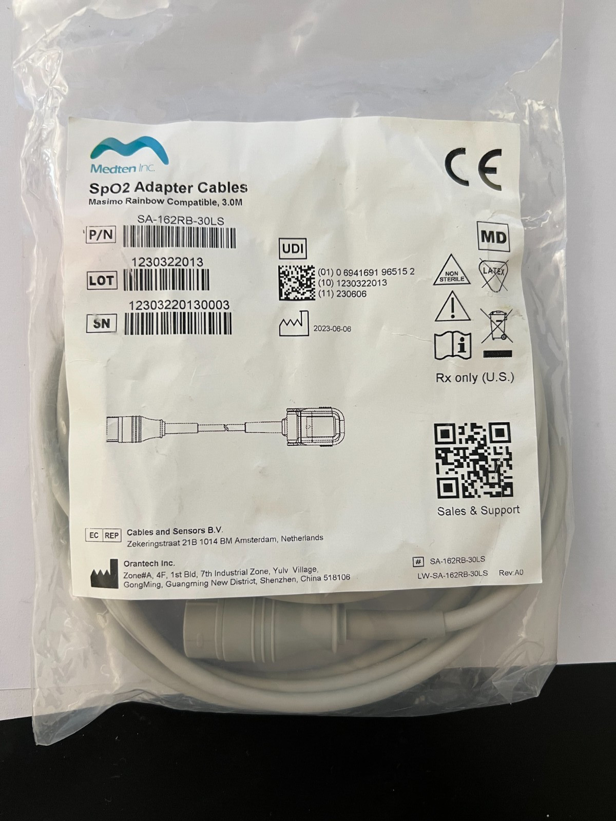 Medten SpO2 Adapter Cable, SA-162RB -30LS Masimo Rainbow Compatible 3.0m