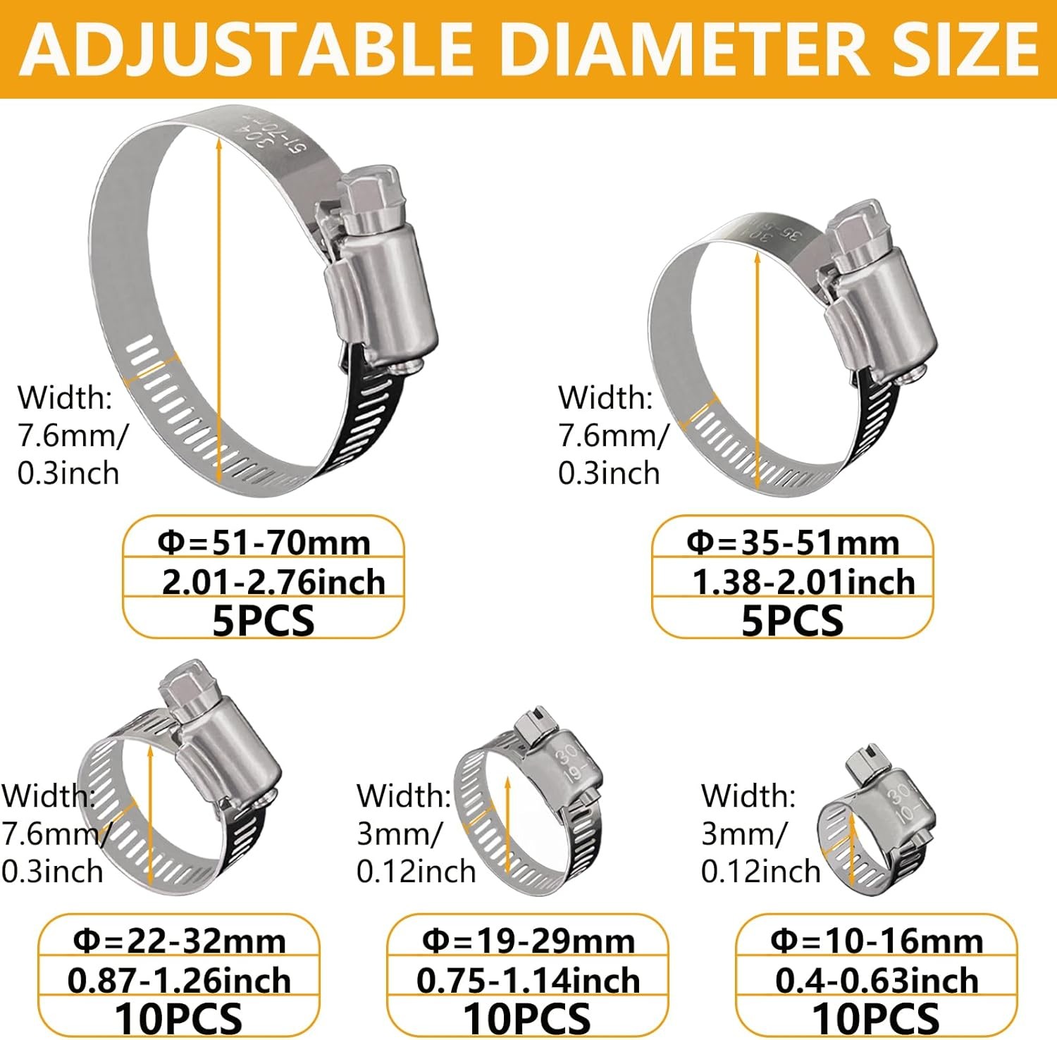 40 Adjustable Hose Clamps 10-70mm Stainless Steel Worm Gear – 40 Pack Set