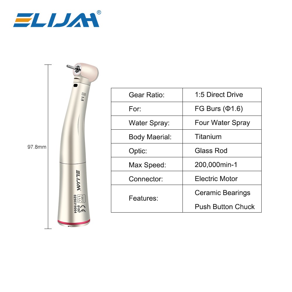 ELIJAH Dental 1:5 Contra Angle Fiber Optic LED Low Speed Handpiece New US STOCK