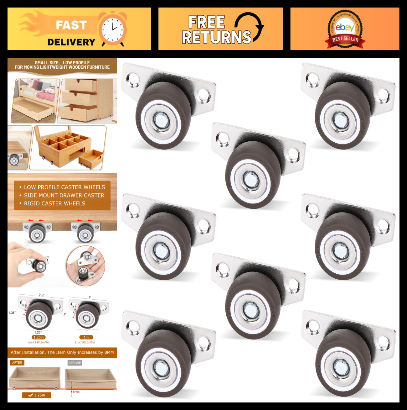 8Pcs Mini Low Profile 1-1/4″ Casters Wheels for Furniture, Drawers, DIY Projects
