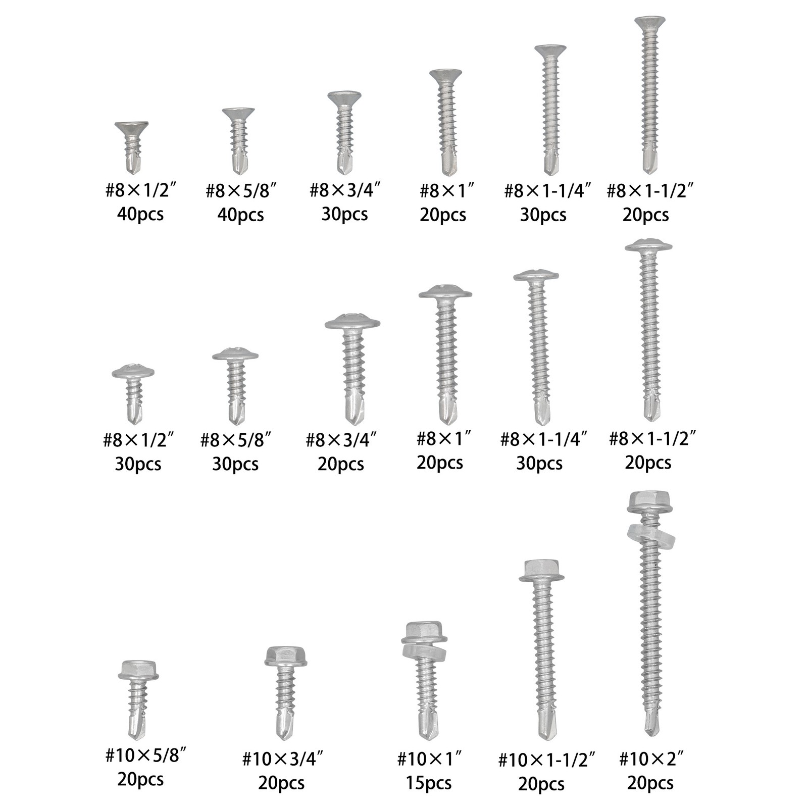 425PC 410 Stainless Steel Self-Tapping Screws #8#10 Self-Drilling Assortment Kit