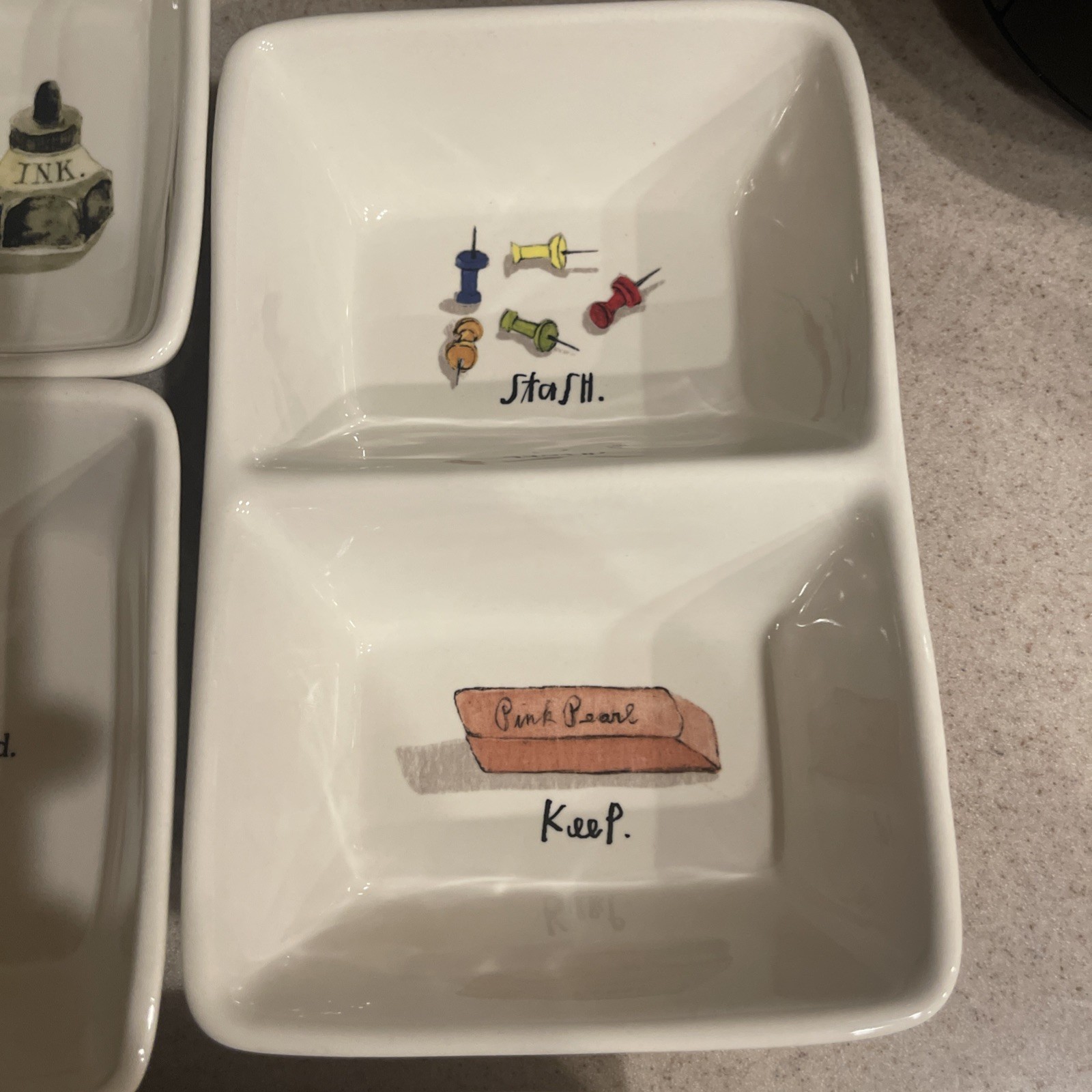 RAE DUNN Home Office Organizer Trinket Dish Lot ~ Stash & Keep AND Sketch & Ink