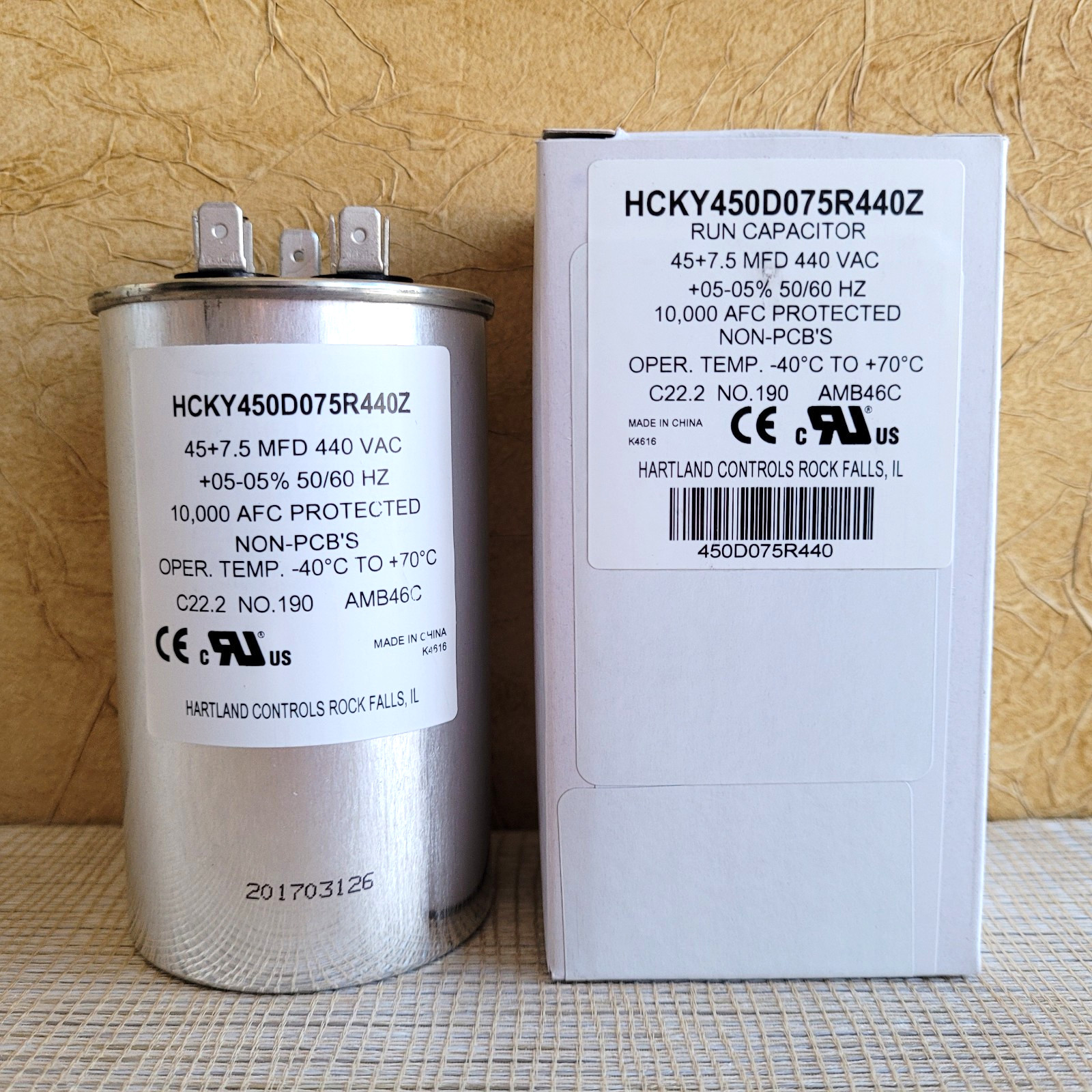45/7.5 MFD 440VAC Run Capacitor 45+7.5 Round Aluminum 50/60 Hz +05-05% Hartland