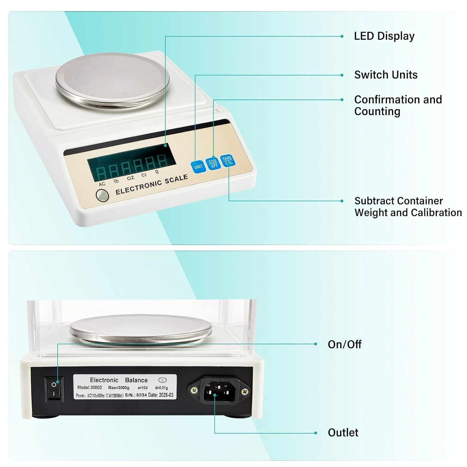 Lab Scale 3000g x 0.01g High Precision Electronic Analytical Balance g/lb/oz/ct