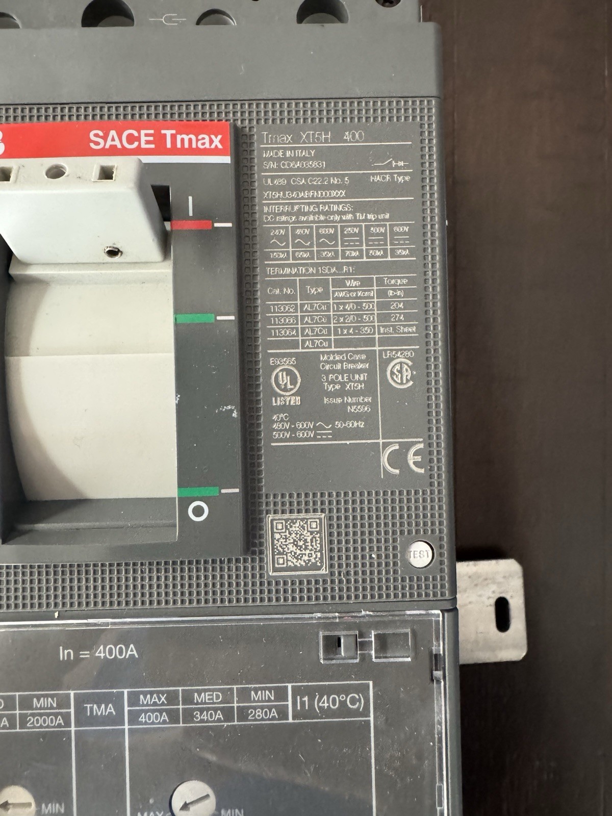 ABB SACE Tmax XT5H 400 ReliaGear 3 Pole 400 Amp 480V Circuit Breaker XT5H & KIT