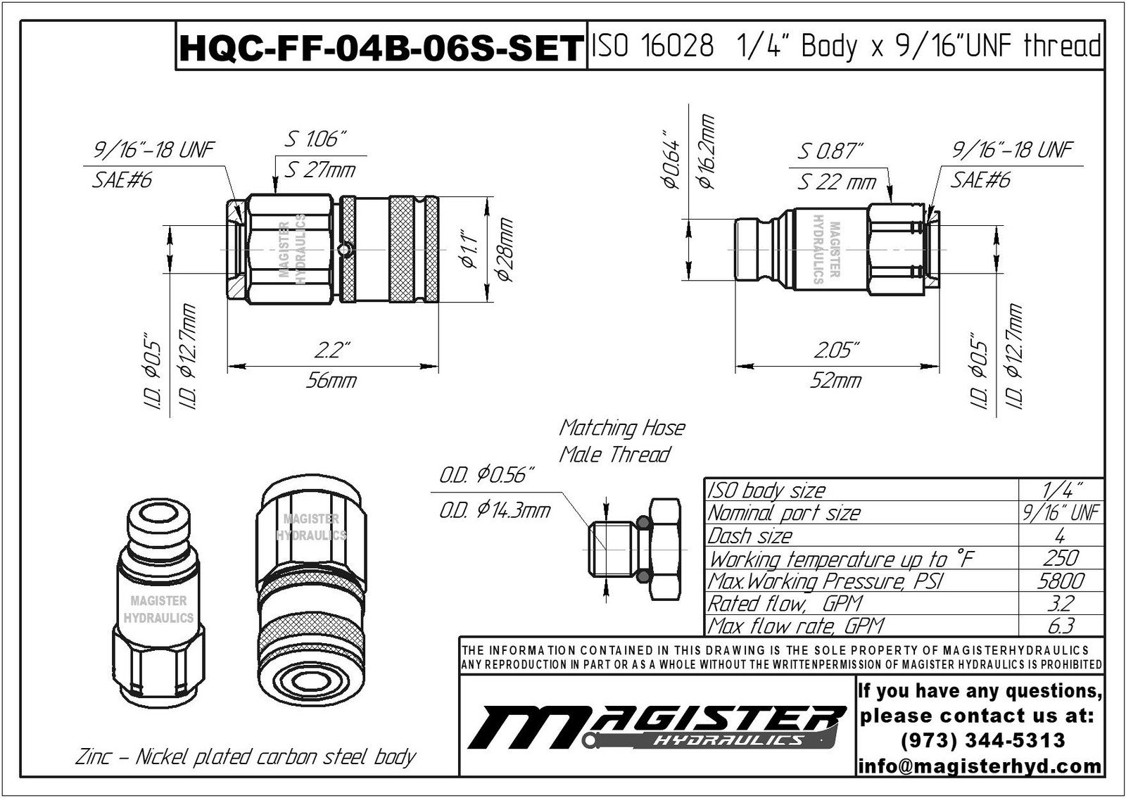 1/4″ Flat Face Hydraulic Quick Couplers Set – 3/8″ SAE Thread