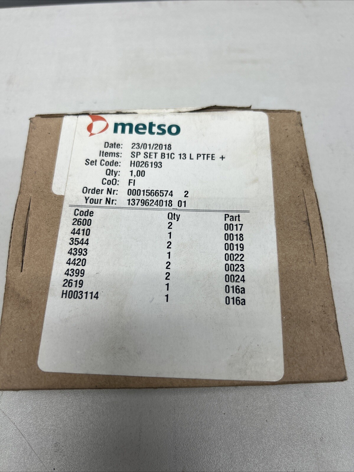 METSO SP SET B1C 13 L PTFE + VITON HIGH TEMP SERVICE KIT Set Code: H026193