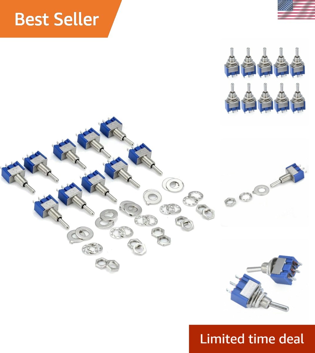 10pcs Blue Silver Toggle Switch 3-Terminal ON/OFF/ON