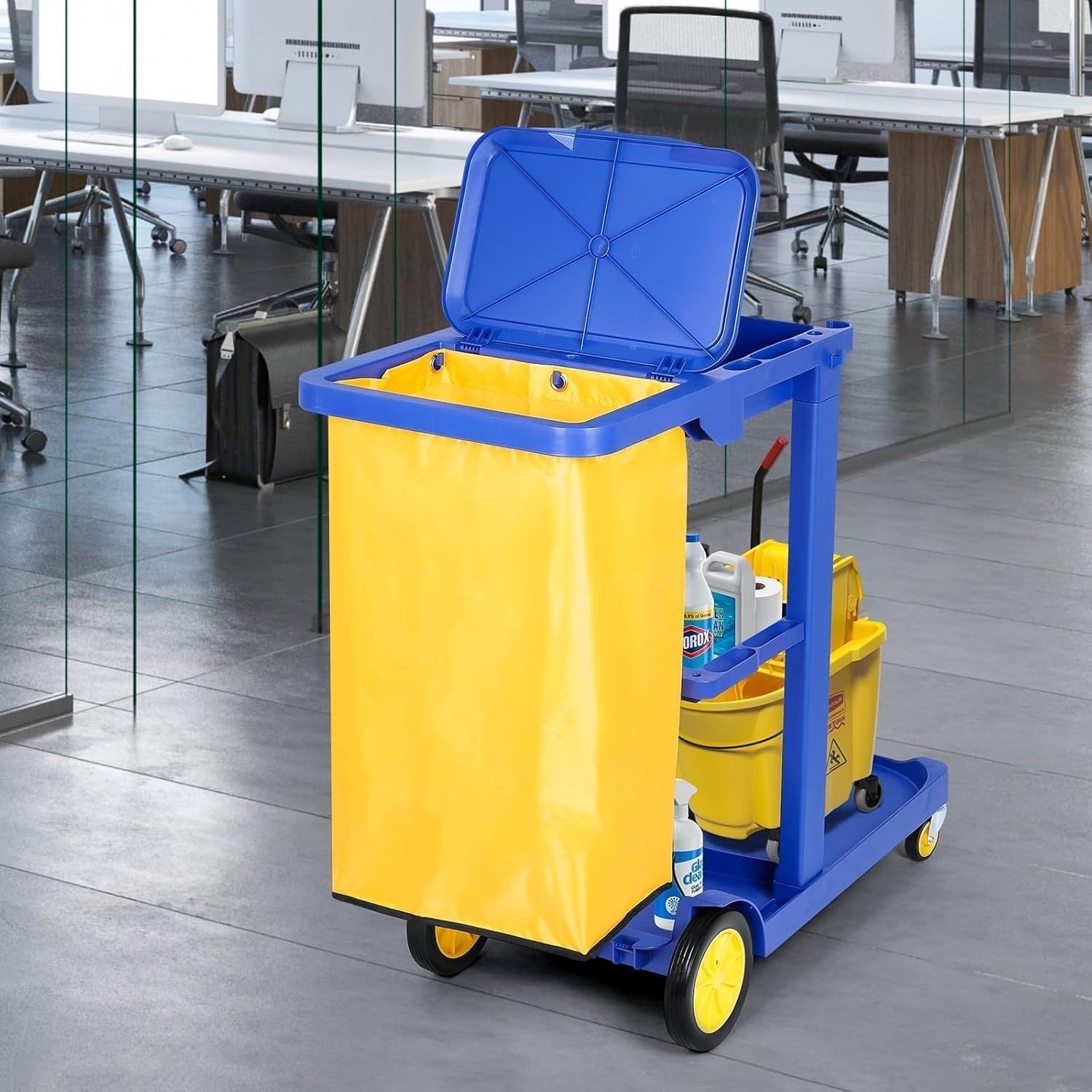 Commercial Janitorial Cart, 3-Shelf Housekeeping Cart with 22 Gallon Vinyl Bag