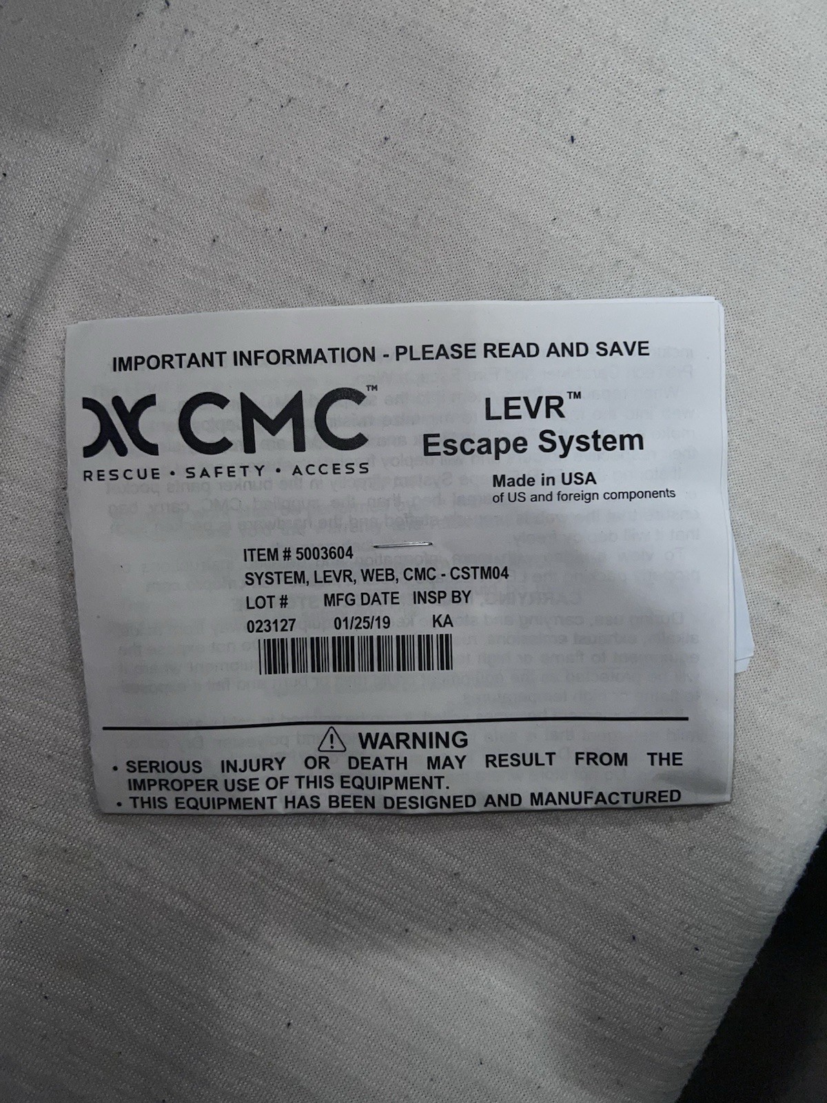 CMC LEVR Escape System Flash.2 Anchor Bailout Kit NFPA 1983 With Bag & Manual