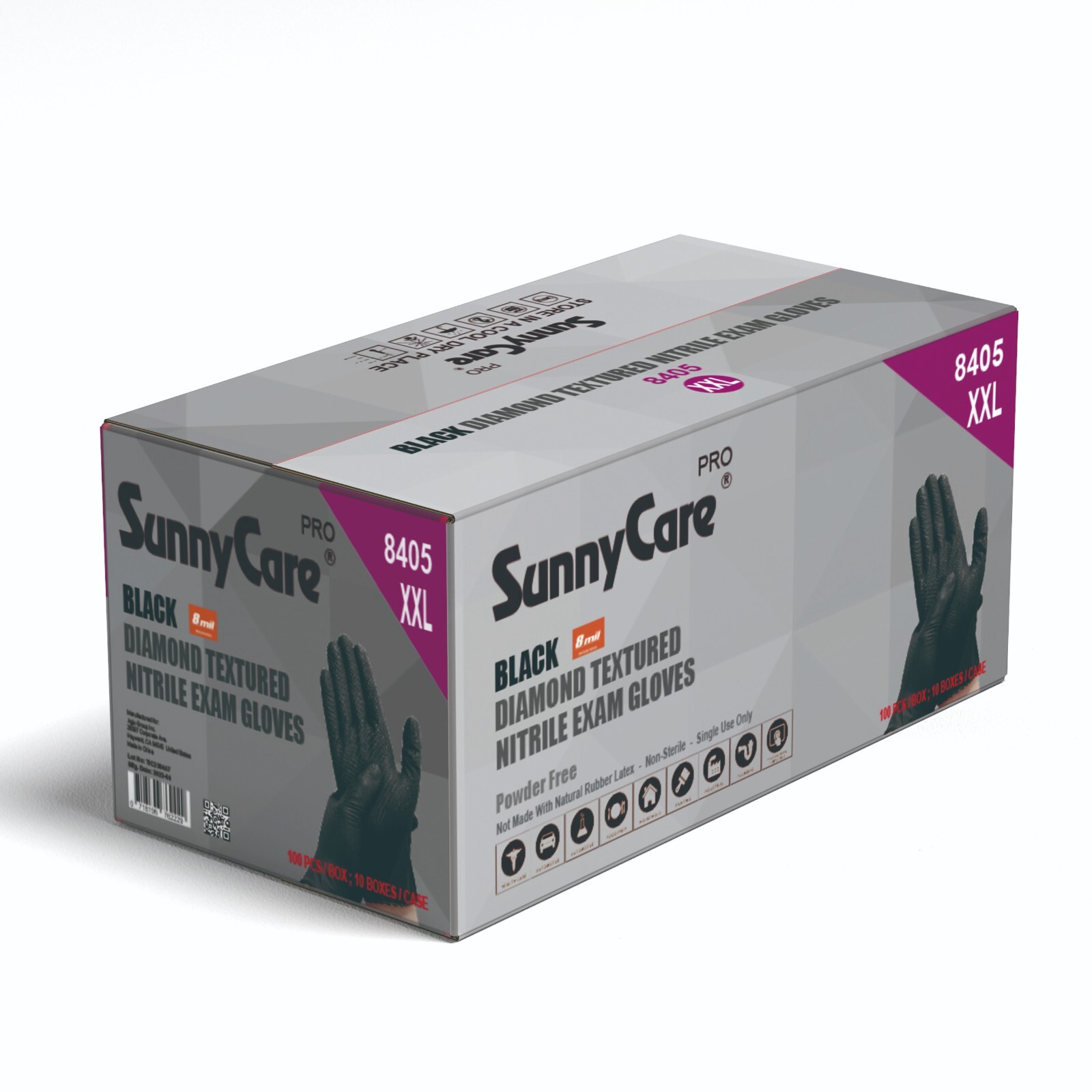 1000 SunnyCare® 8Mil Black Diamond Textured Nitrile Exam Gloves Powder Free XXL