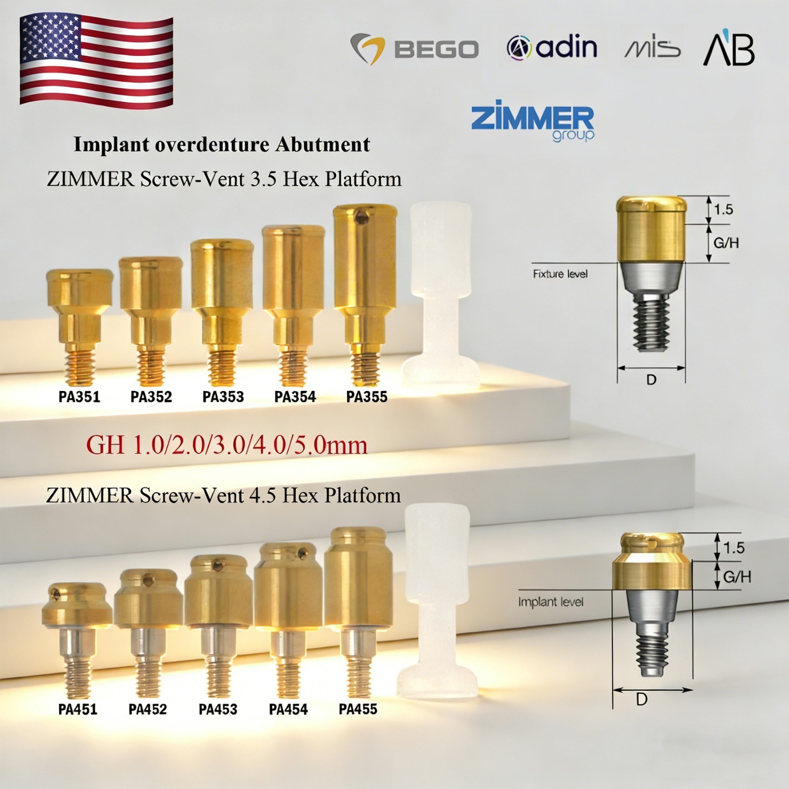 Zest Implant Locator Abutment for Zimmer Screw-Vent 3.5/4.5 Platform 1-5.0mm GH