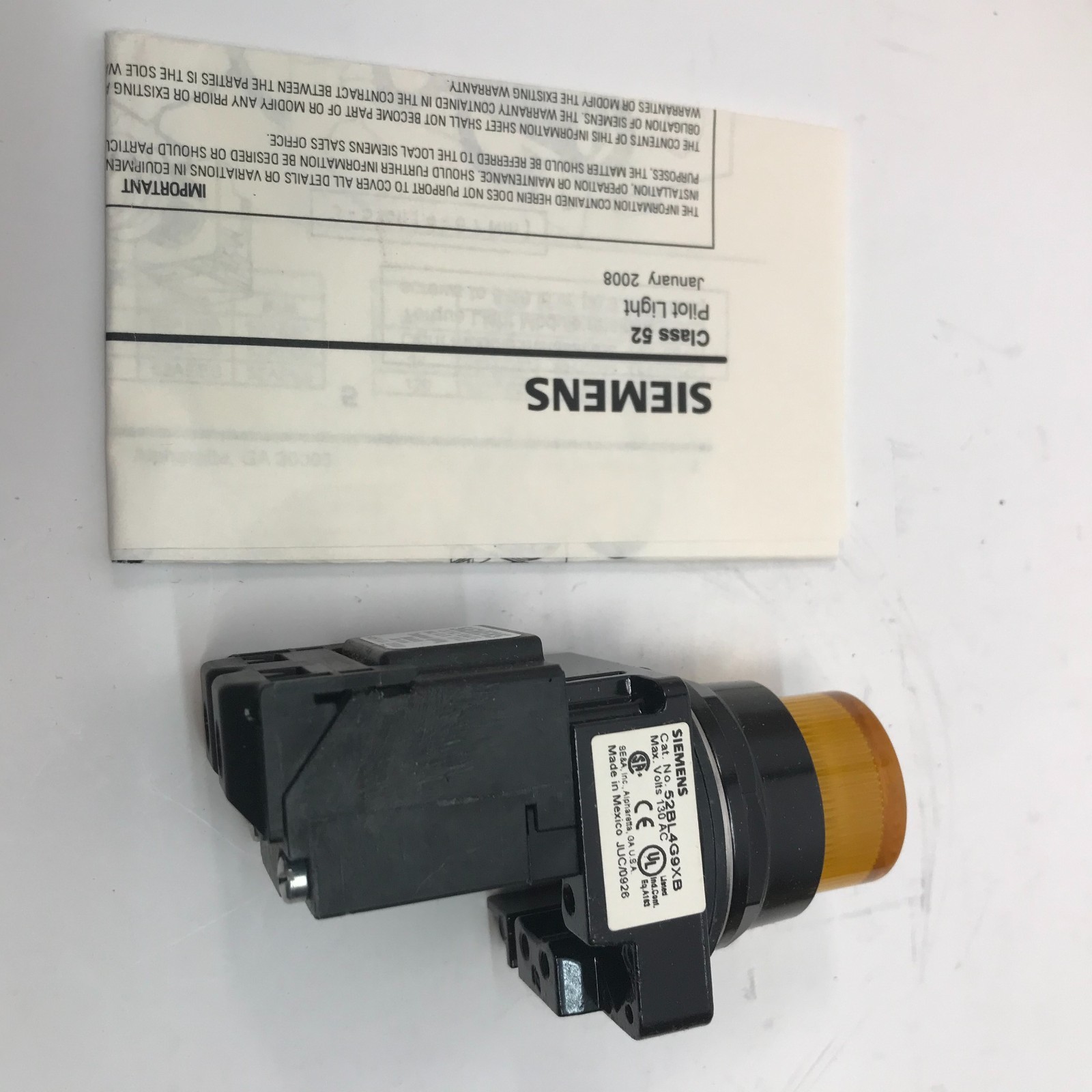 Siemens 52BL4G9XB Pilot Light Transformer Type 120 Volts AC, Amber, LED Bulb