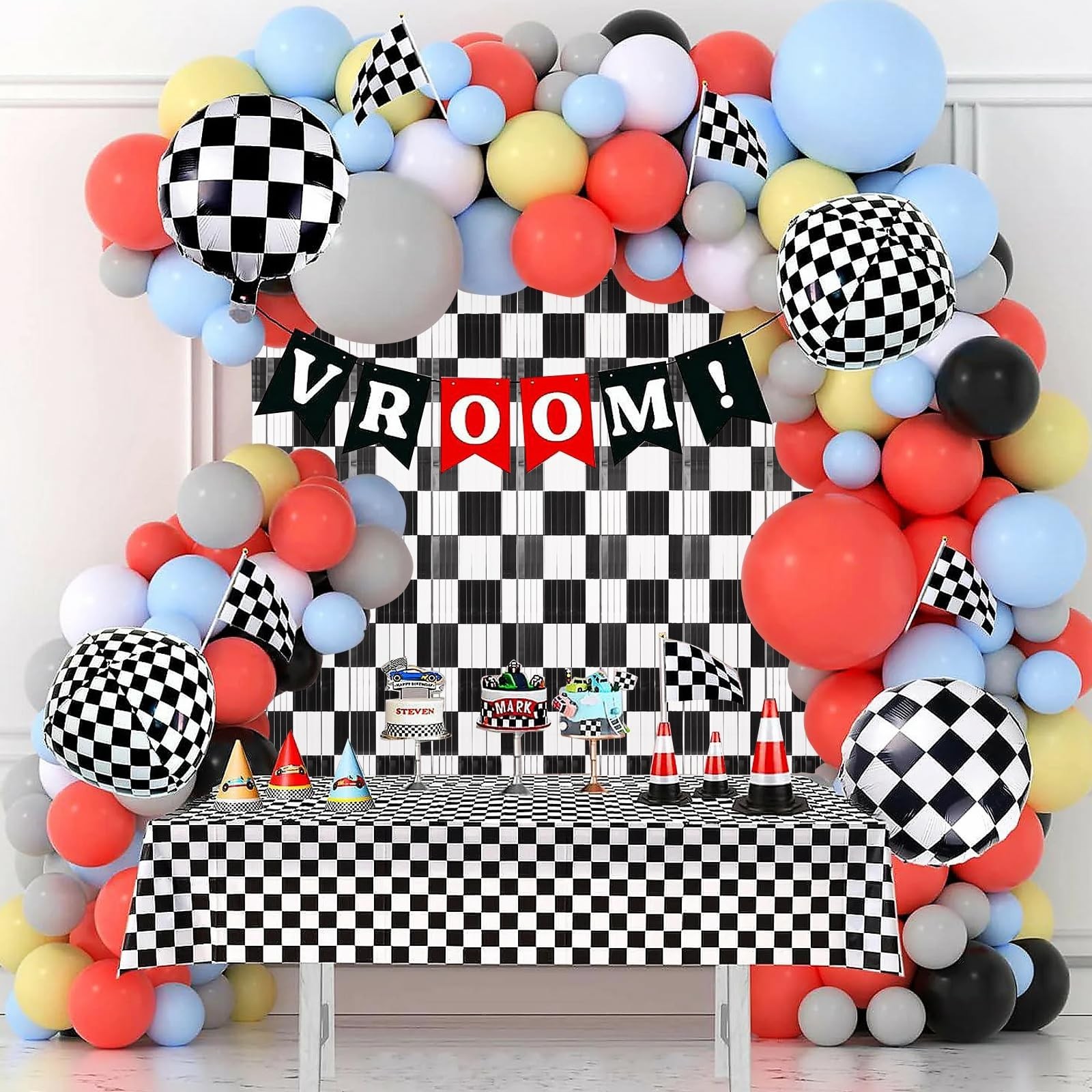 Black and White Checkered Tinsel Backdrop Curtains | 3 PCS, 3.3 x 6.6 ft, Rac…