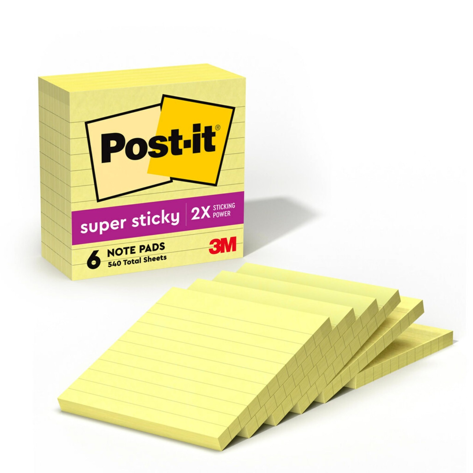 Post-it Super Sticky Lined Notes, 6 Note Pads, 4″ x 4″, Canary Yellow
