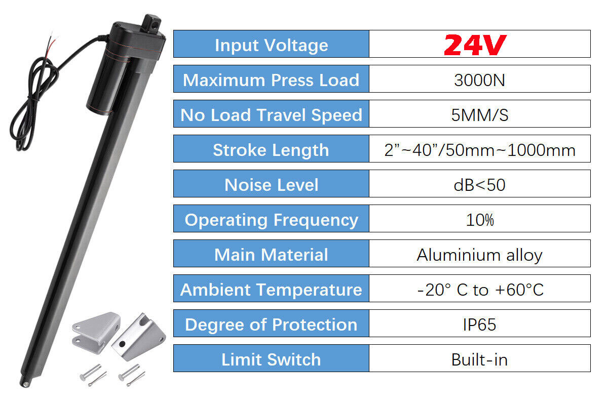 24V 3000N 660lb Heavy Duty Linear Actuator 6inch Stroke 2″~ 40″ IP65 Waterproof