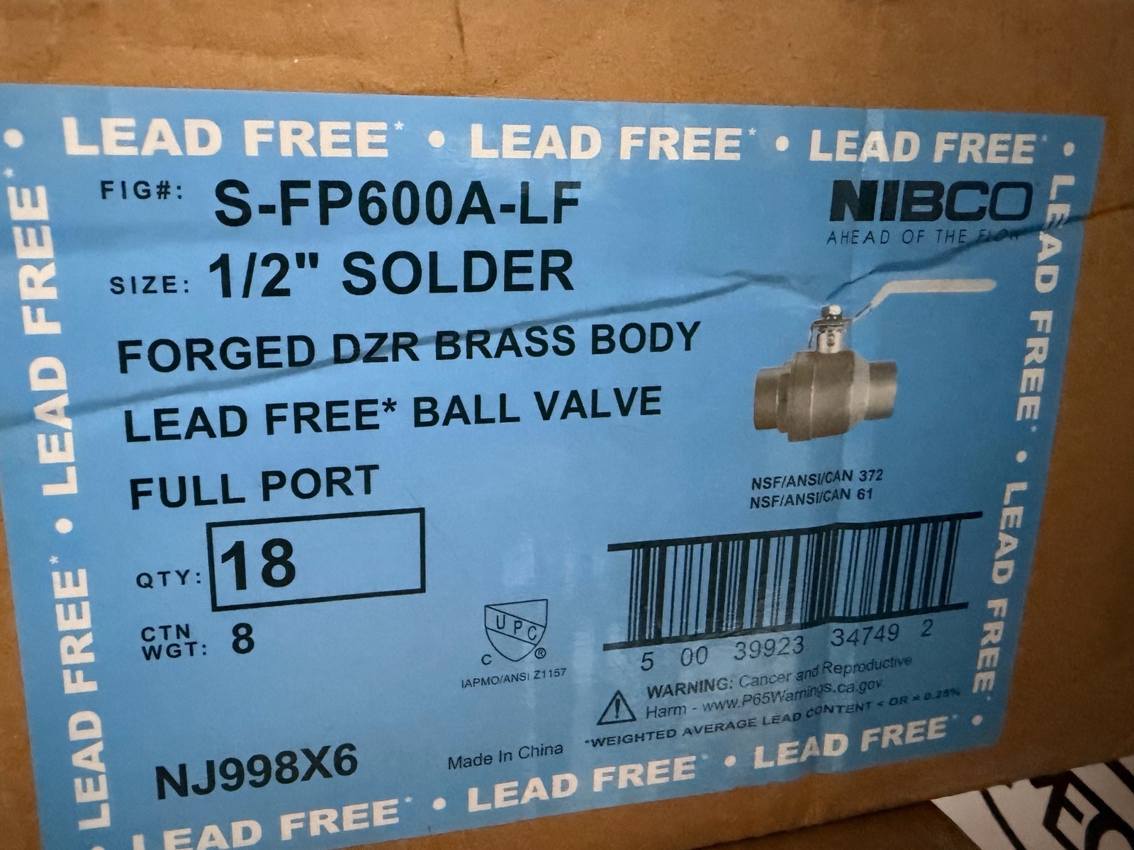 NIBCO S-FP600A-LF 1/2″ Solder Full Port Lead Free DZR Brass Ball Valve lot of 18