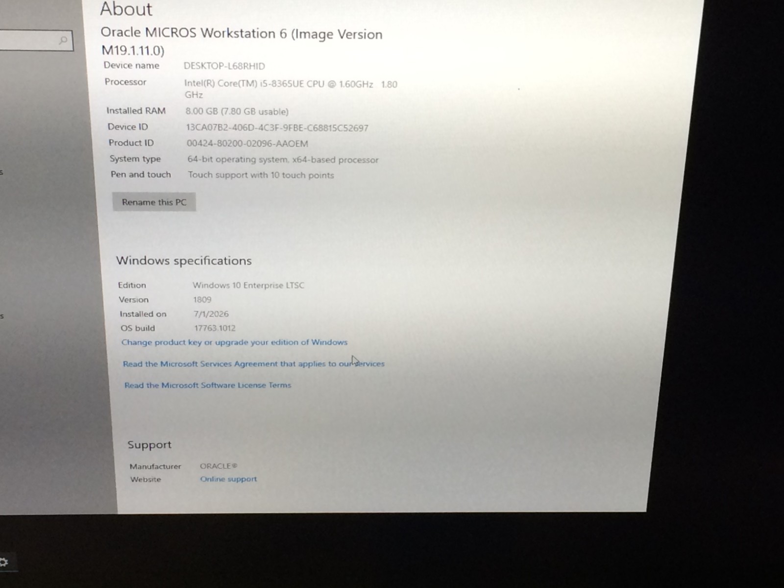 Oracle Micros Workstation 655X Intel i5-8365UE 1.8 GHz 8 GB 256 SSD Windows 10