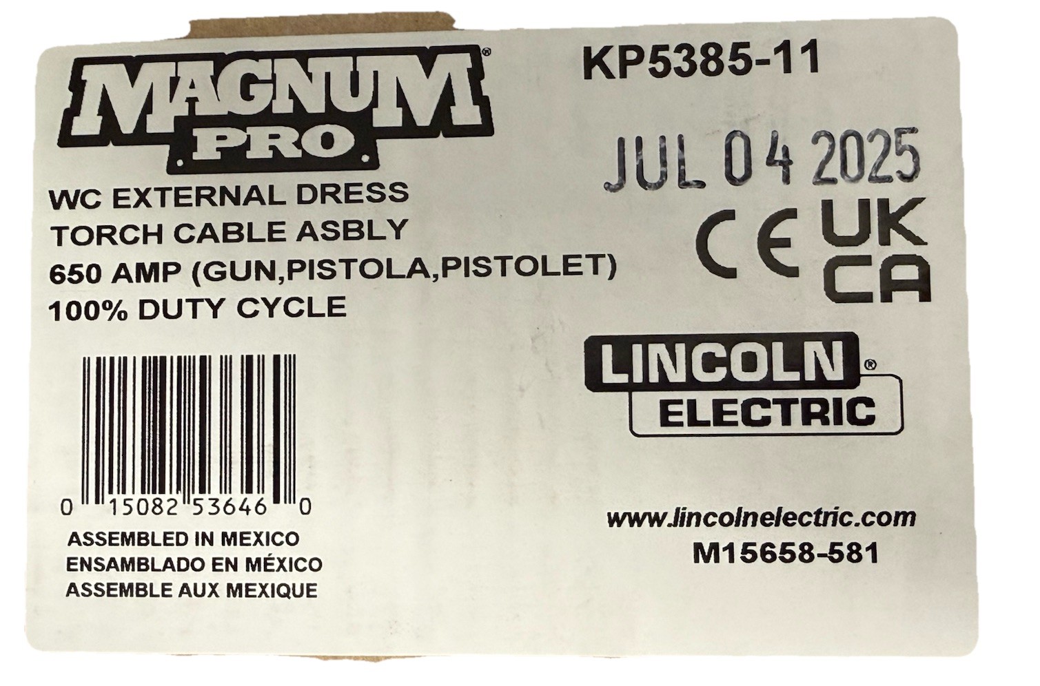 Lincoln KP5385-11 WC EXTERNAL DRESS TORCH CABLE ASBLY 650 AMP 100% Duty Cycle.