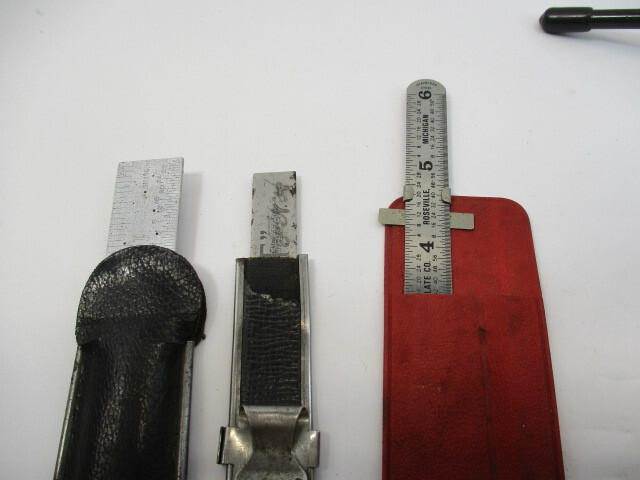 (3) 6″ Scales (1) 3″ Cut Down Ruler (3) Old Scale Sleeve Holders for Rulers VGC