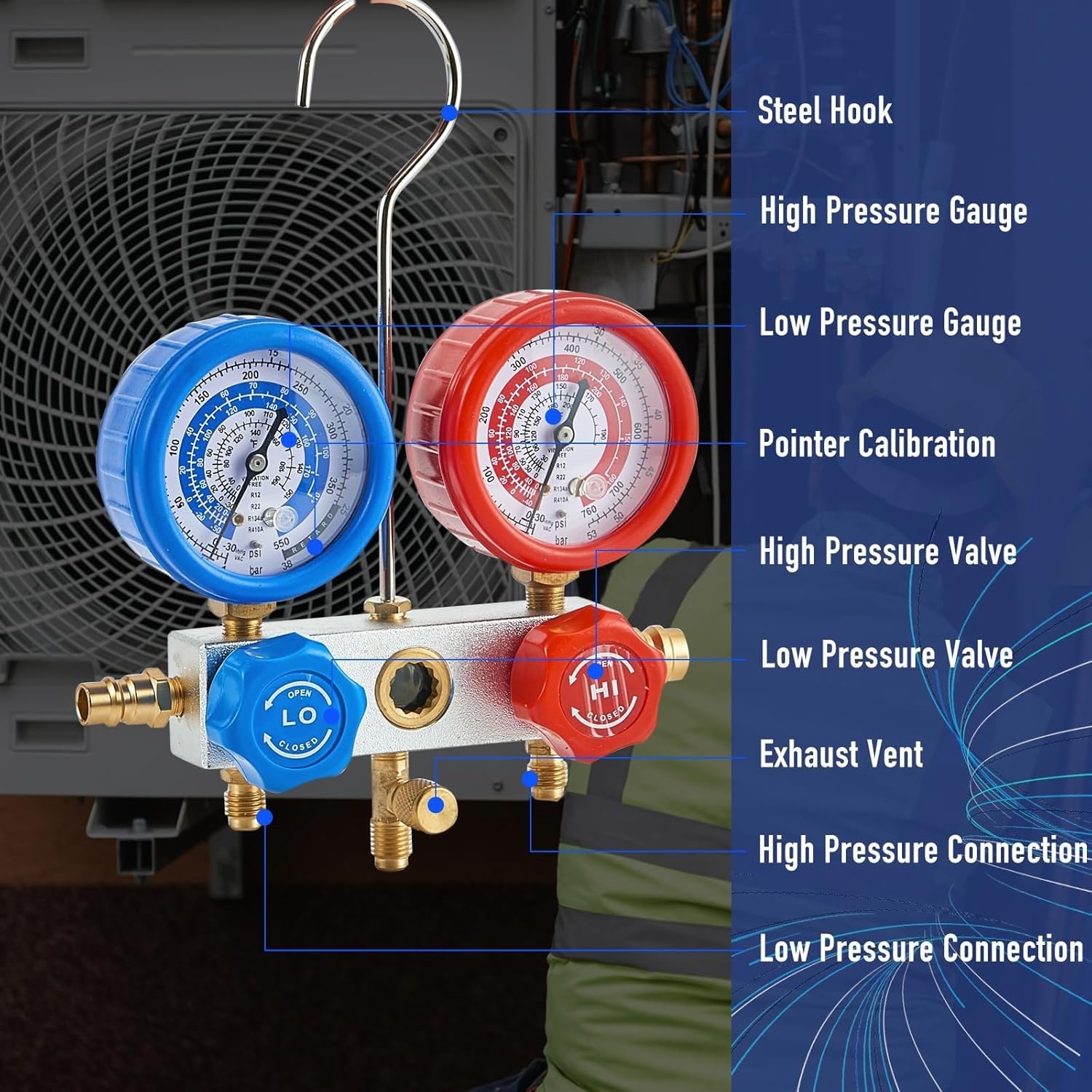 Bomba de vacío de CA de 3 vías y 3,6 CFM con manómetro para refrigerantes R410A