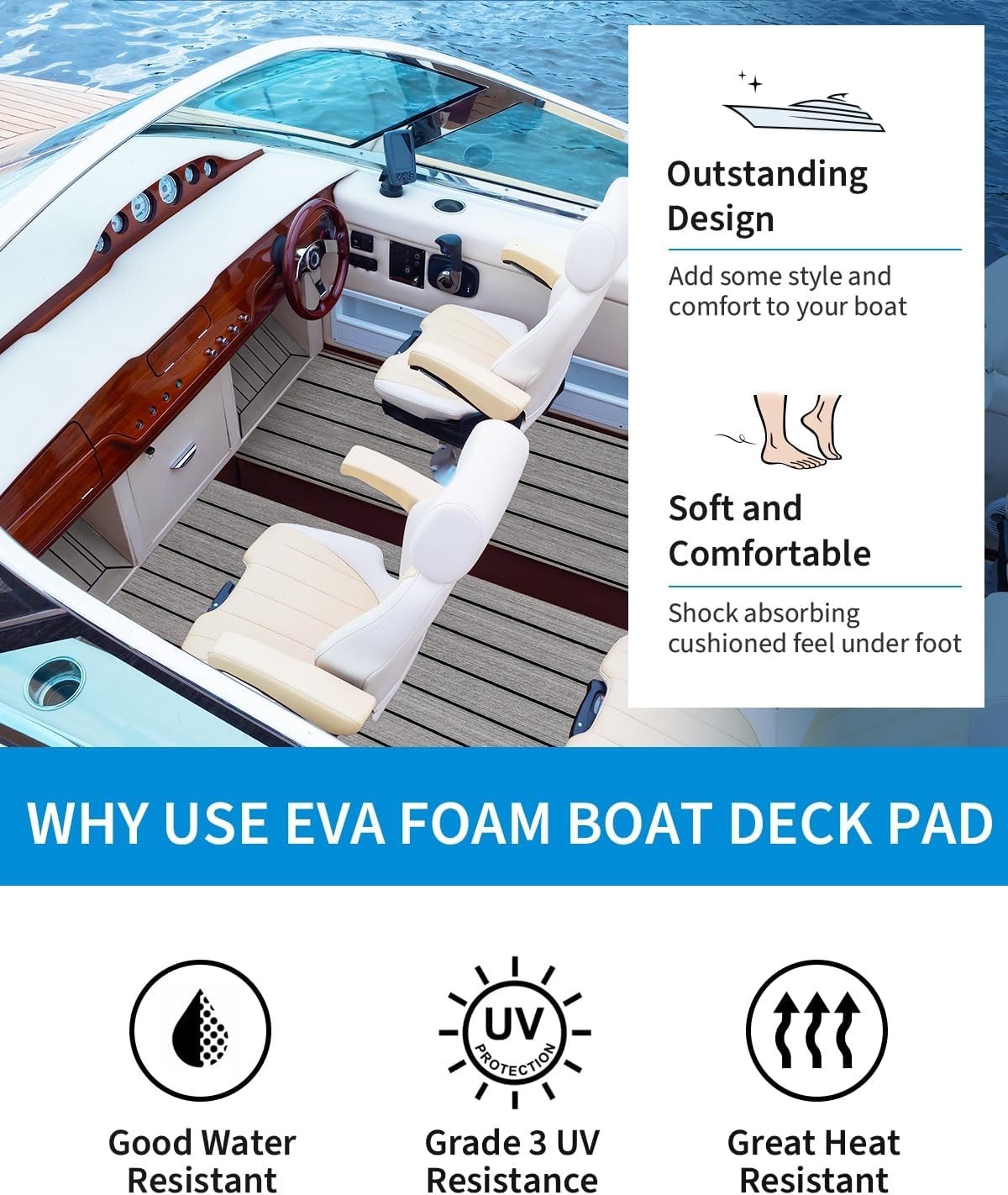 Boat Flooring EVA Foam Self-Adhesive 96»x45.6»/36»/28.8»/16.8» Faux Teak…