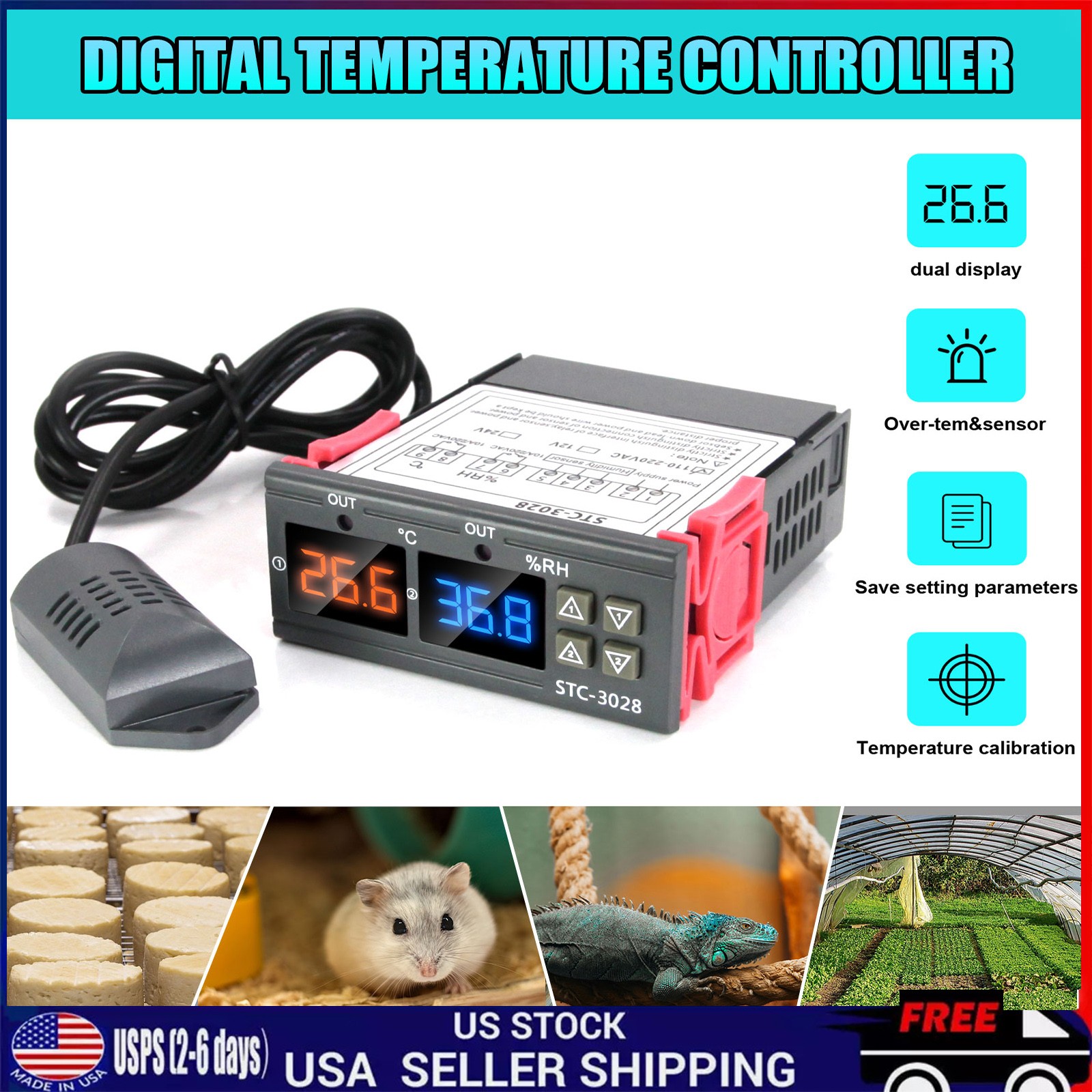 STC-3028 Dual LCD Digital Thermostat Temperature Humidity Controller AC110-220V